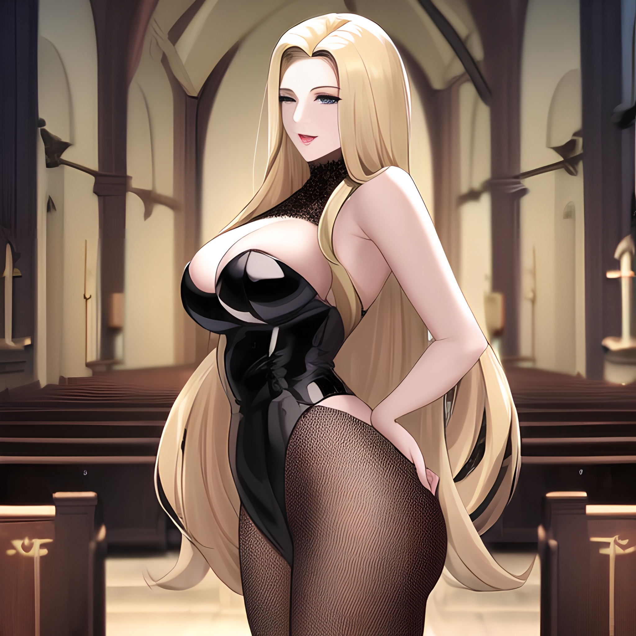 fishnet long hair woman church blonde nude small boobs front view 