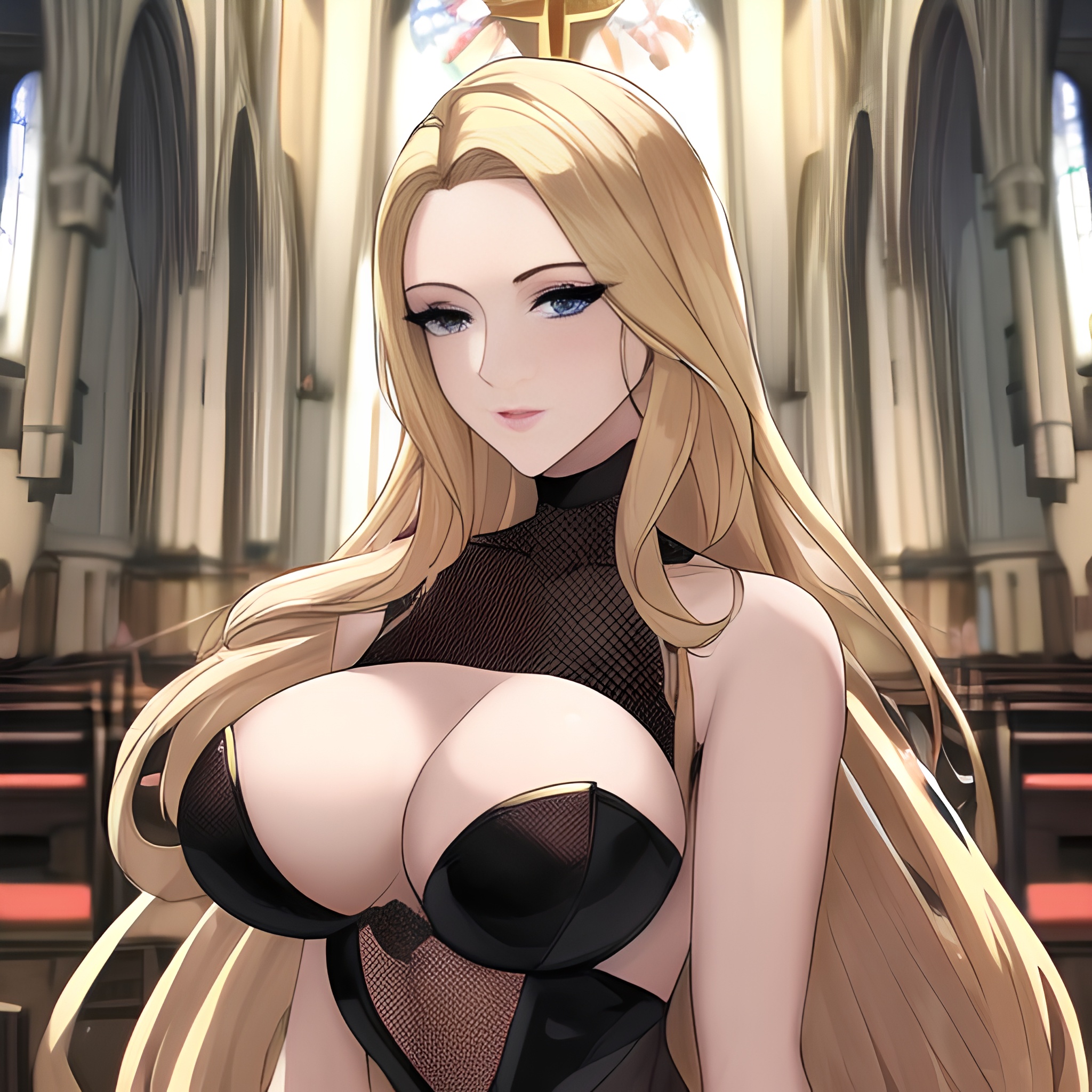 fishnet long hair woman nude church small boobs front view blonde 