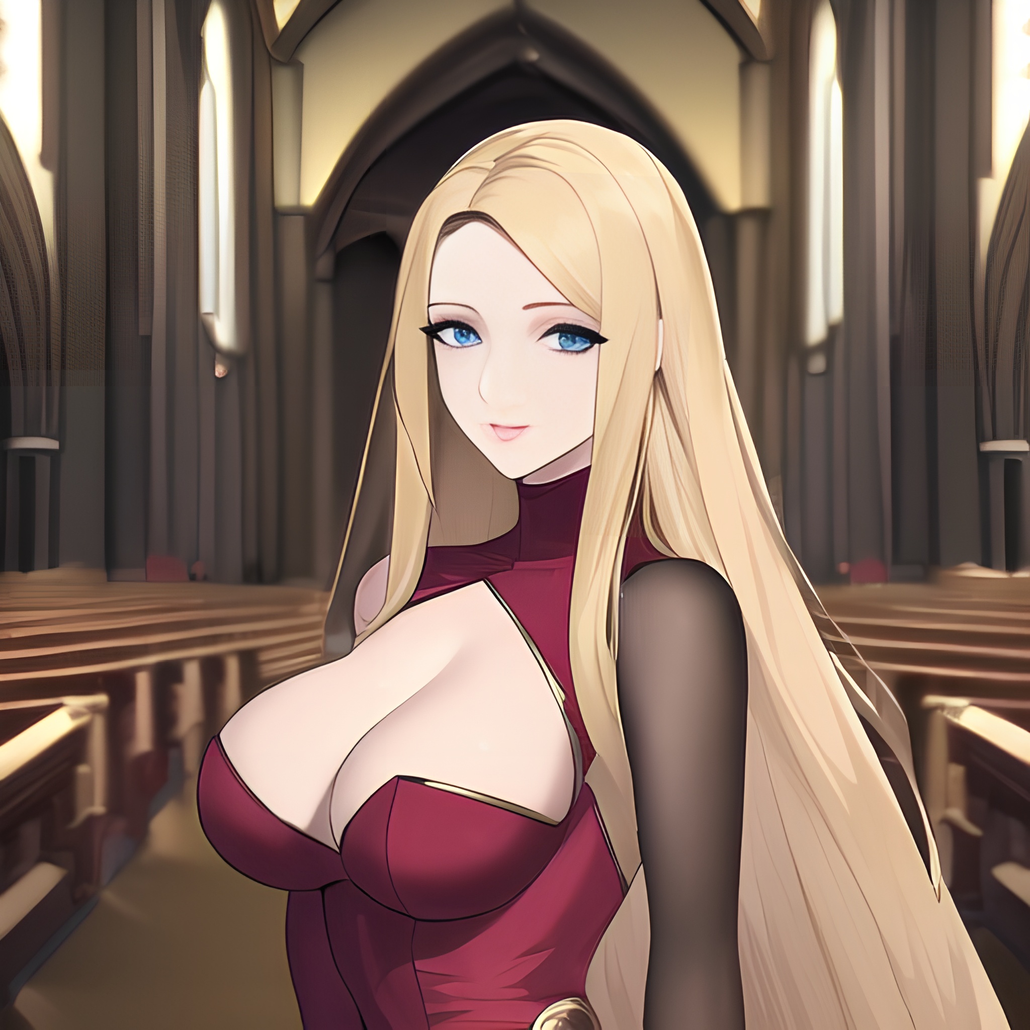 fishnet nude blonde long hair church front view small boobs woman 