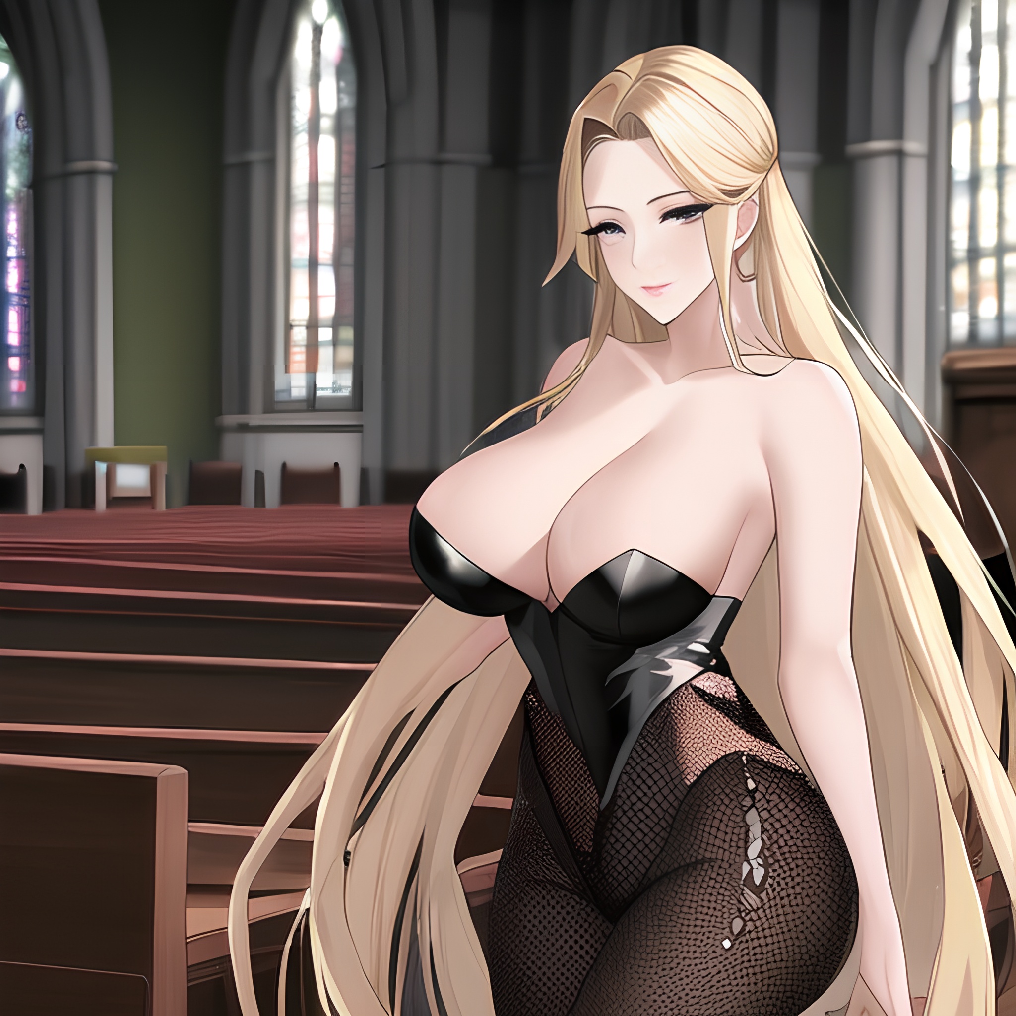 fishnet nude blonde small boobs long hair church woman front view 