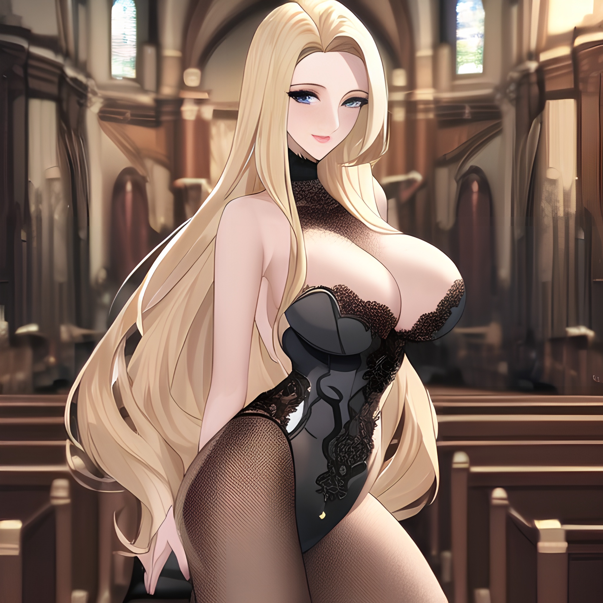 fishnet nude blonde woman front view long hair church small boobs