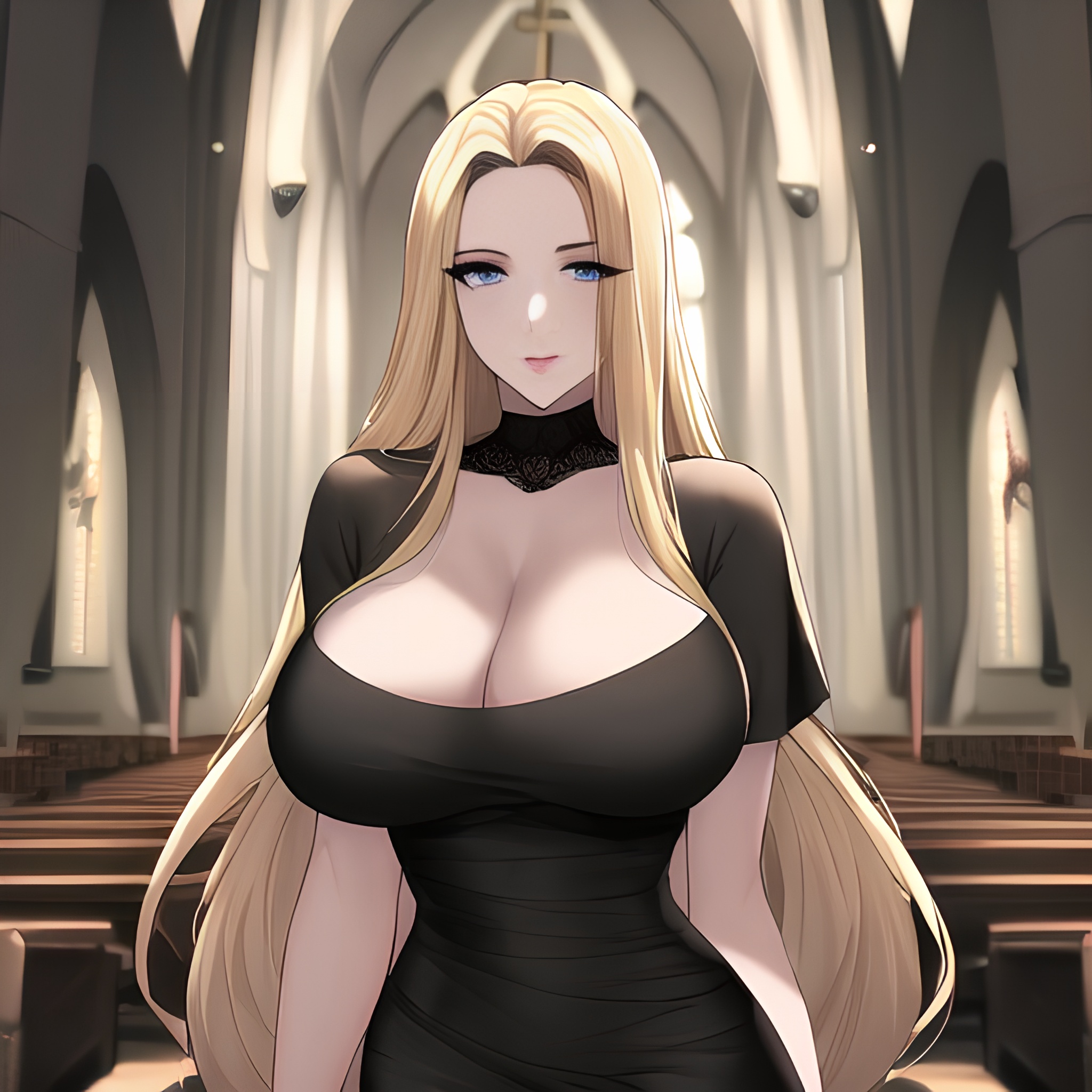 fishnet nude church woman small boobs long hair blonde front view 