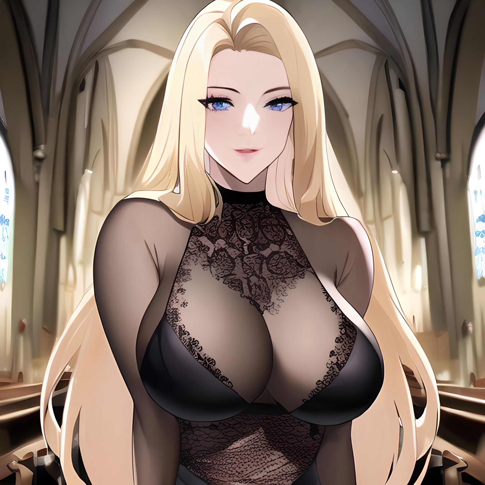 fishnet nude front view small boobs blonde long hair church woman 