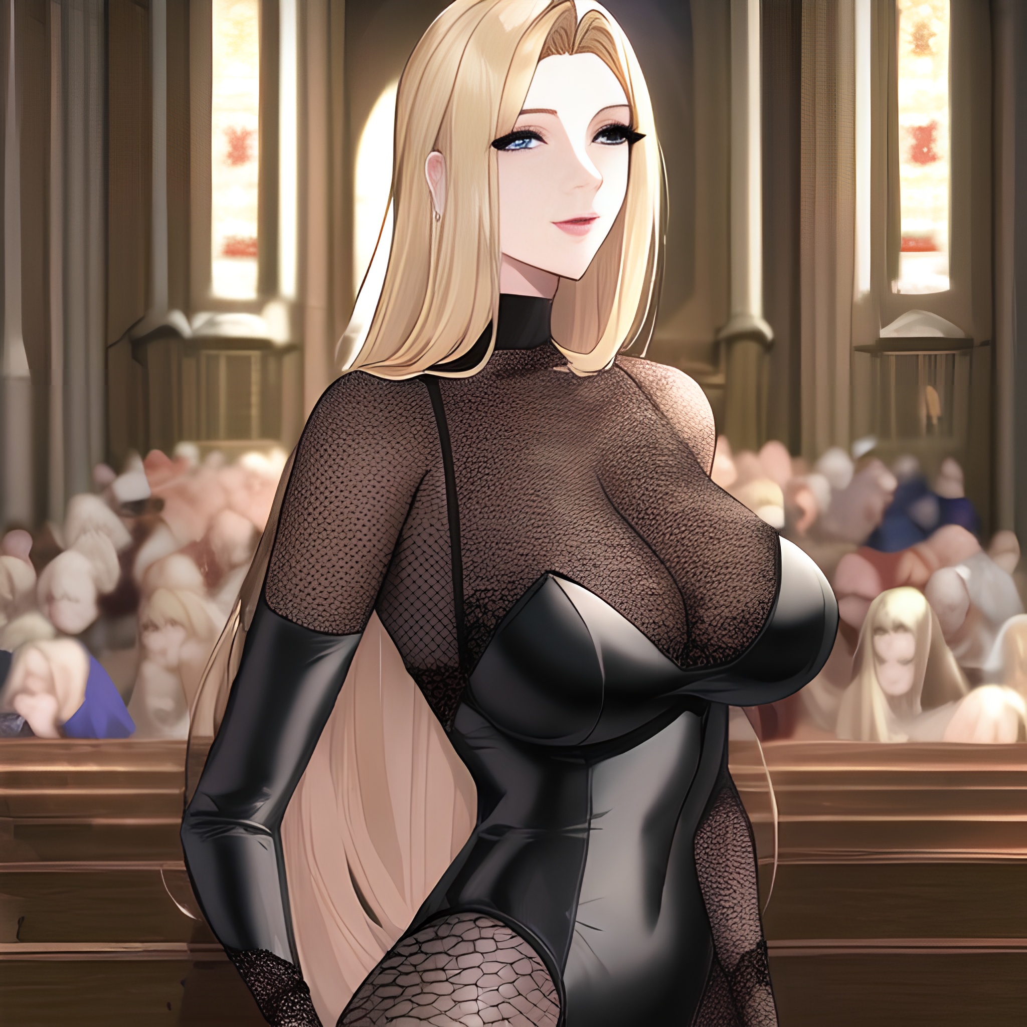fishnet nude long hair small boobs woman front view blonde church 
