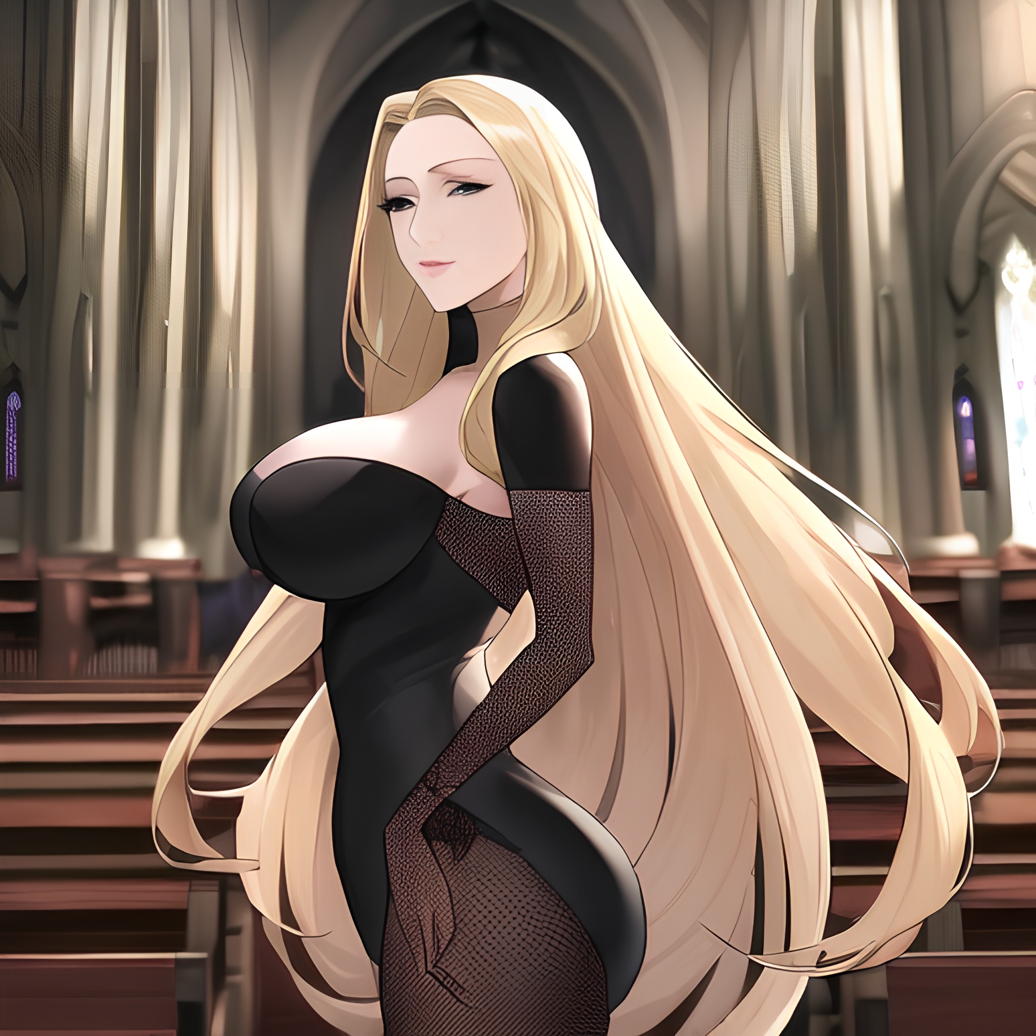 fishnet nude woman blonde church small boobs long hair front view