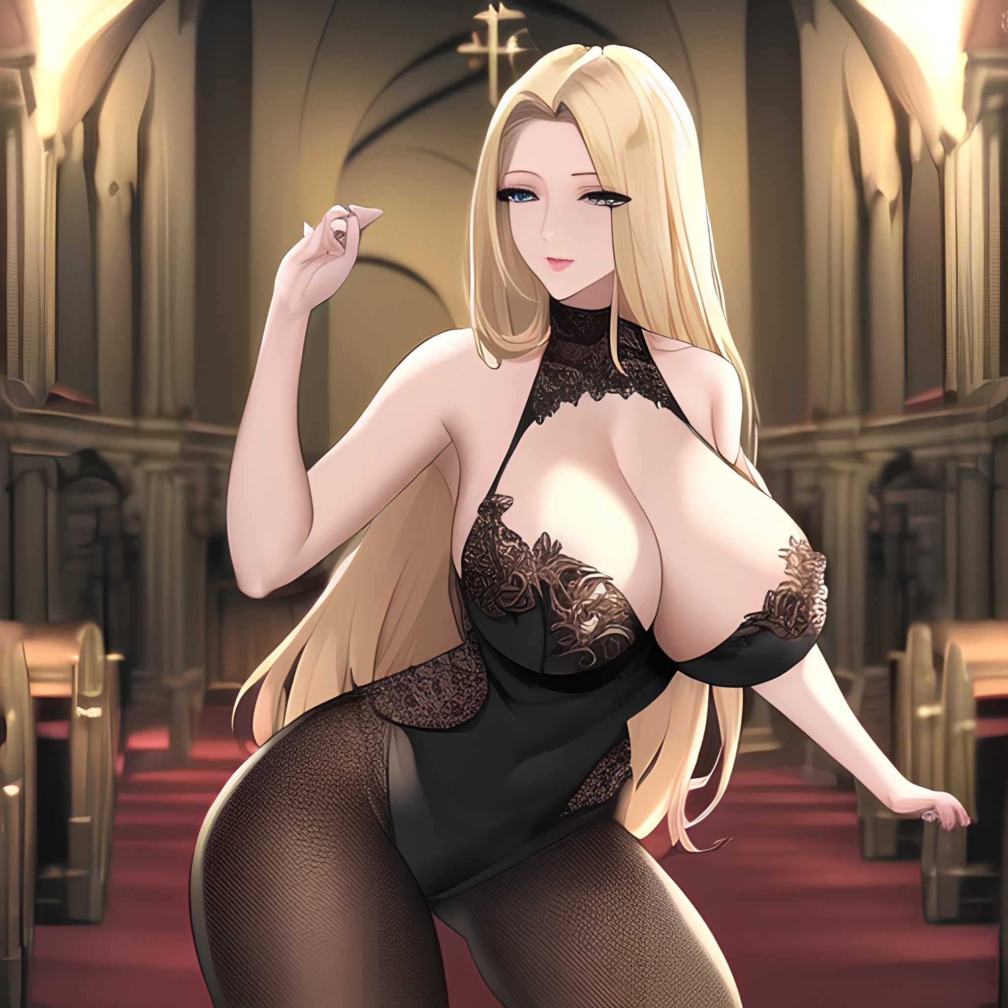 fishnet nude woman church blonde long hair small boobs front view 