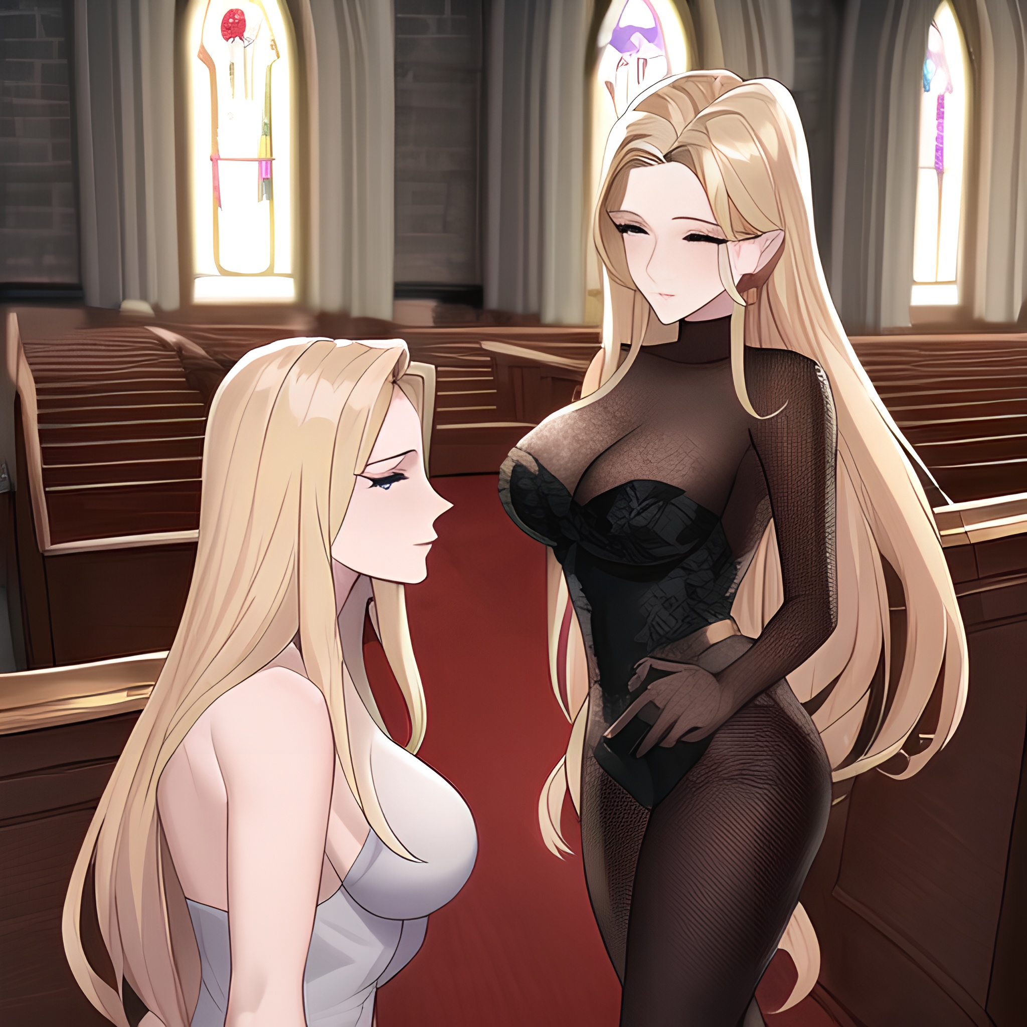 fishnet nude woman small boobs blonde long hair front view church 