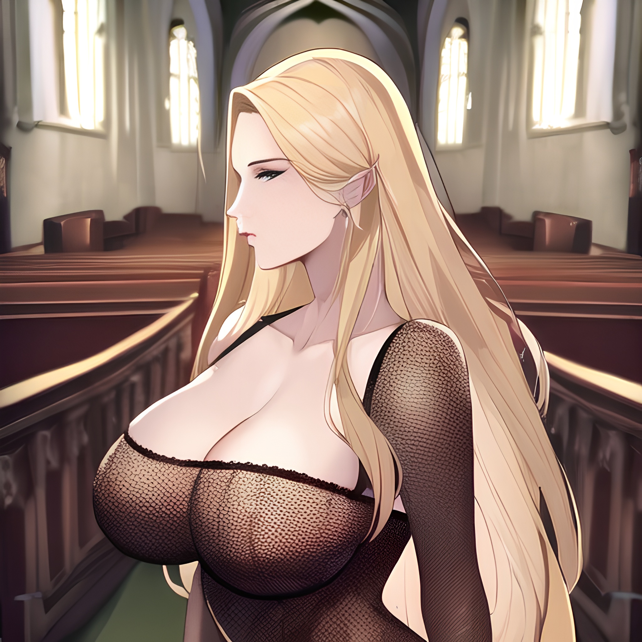 fishnet small boobs blonde front view nude woman long hair church 