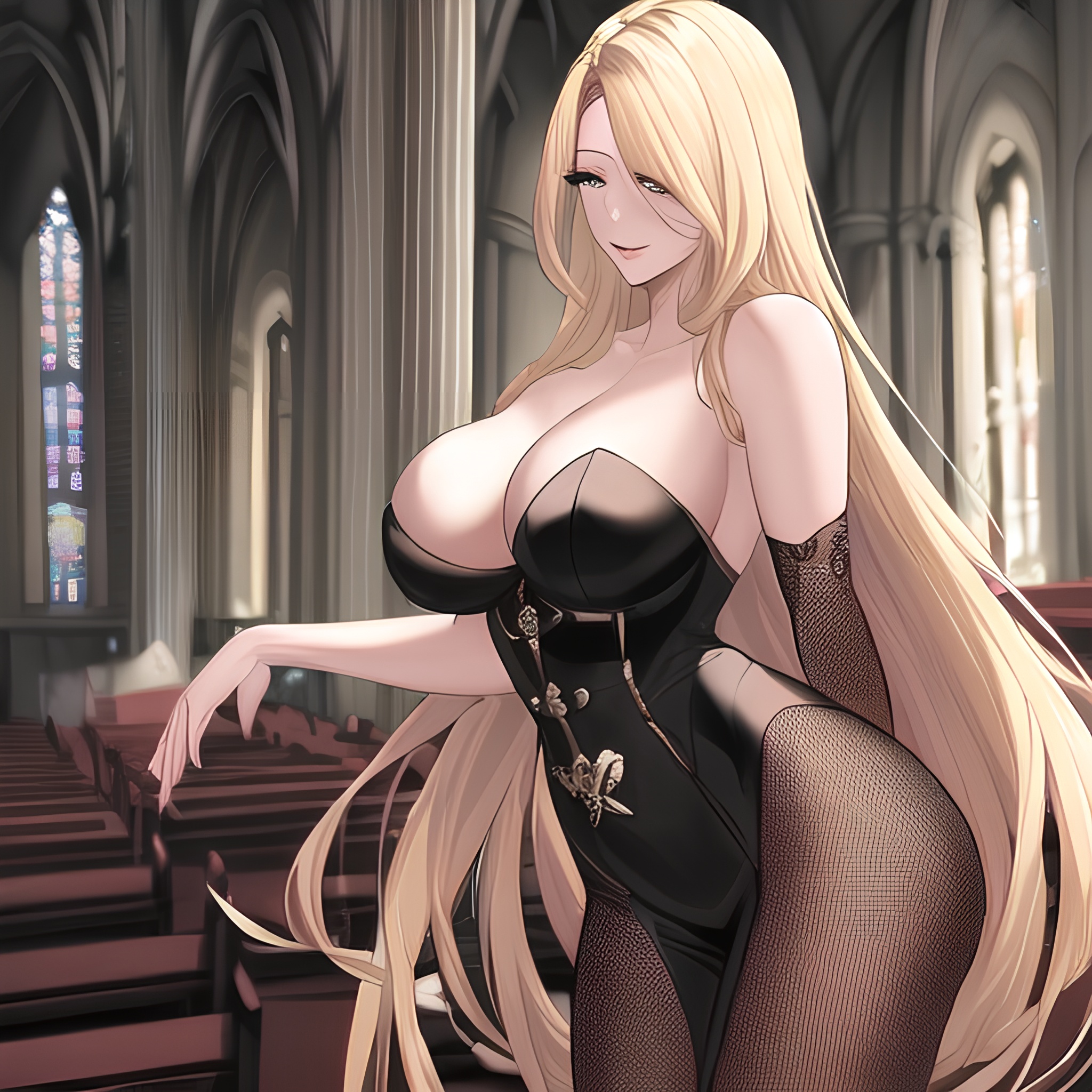 fishnet small boobs blonde nude woman long hair church front view 