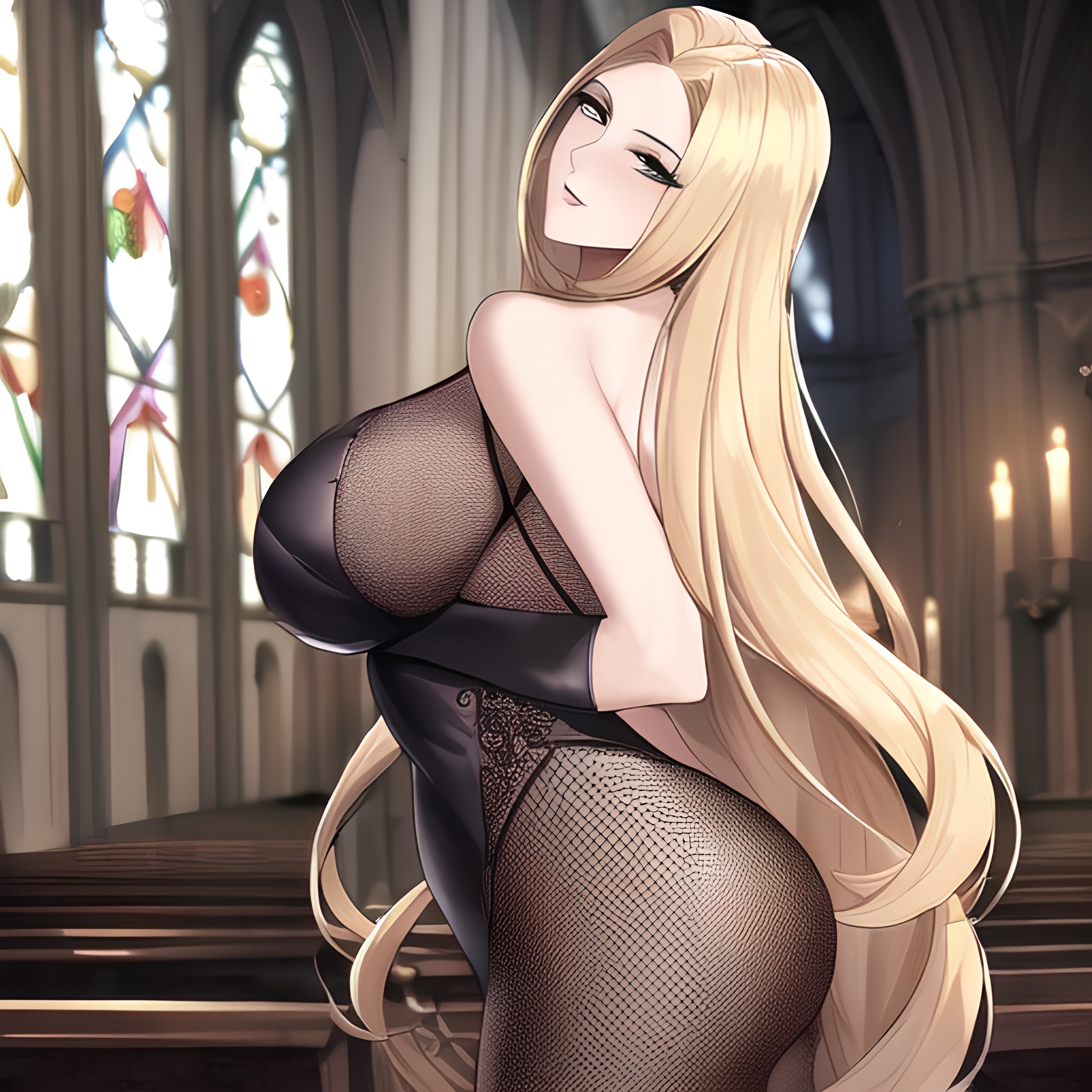 fishnet small boobs church nude woman front view long hair blonde 