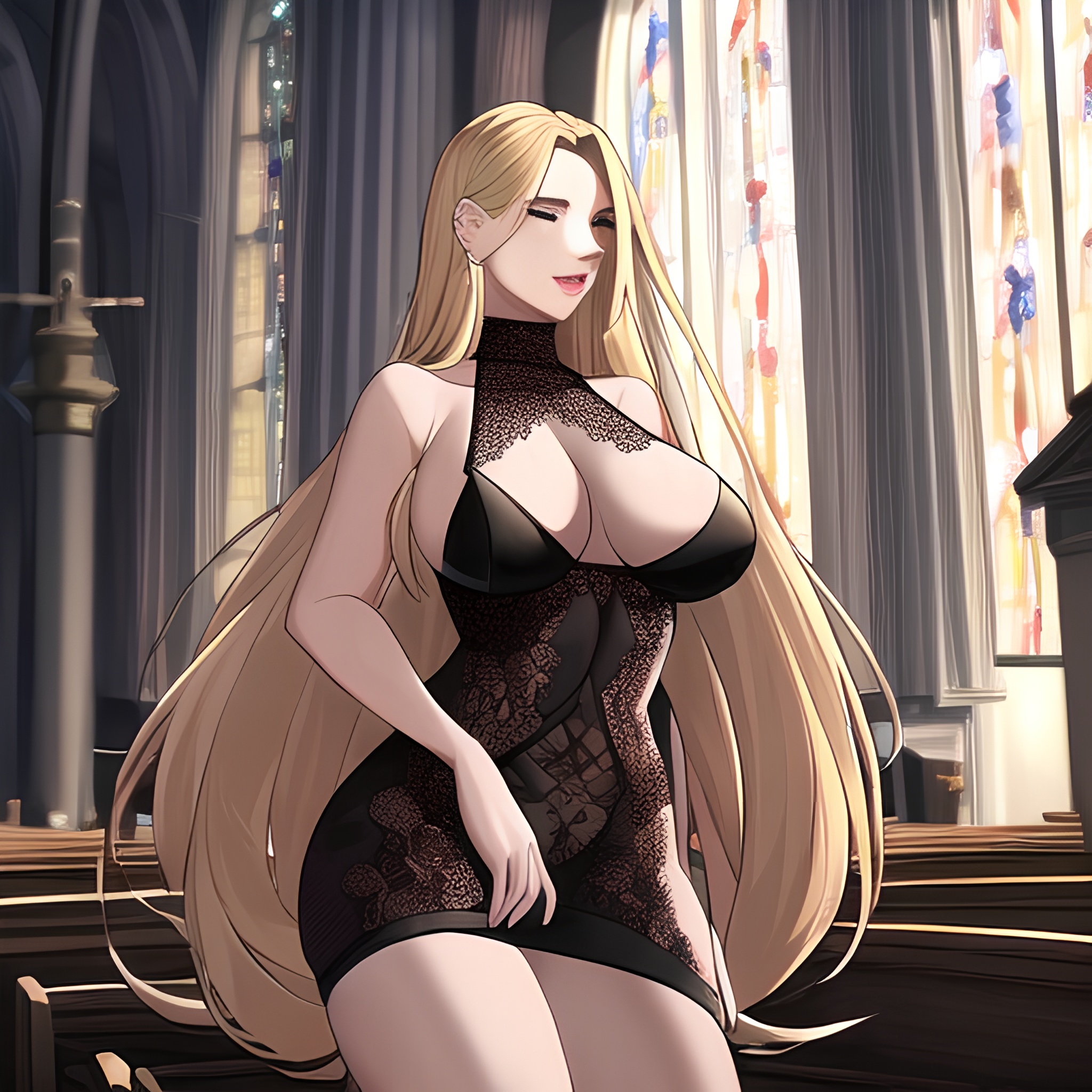 fishnet small boobs front view blonde nude woman church long hair 