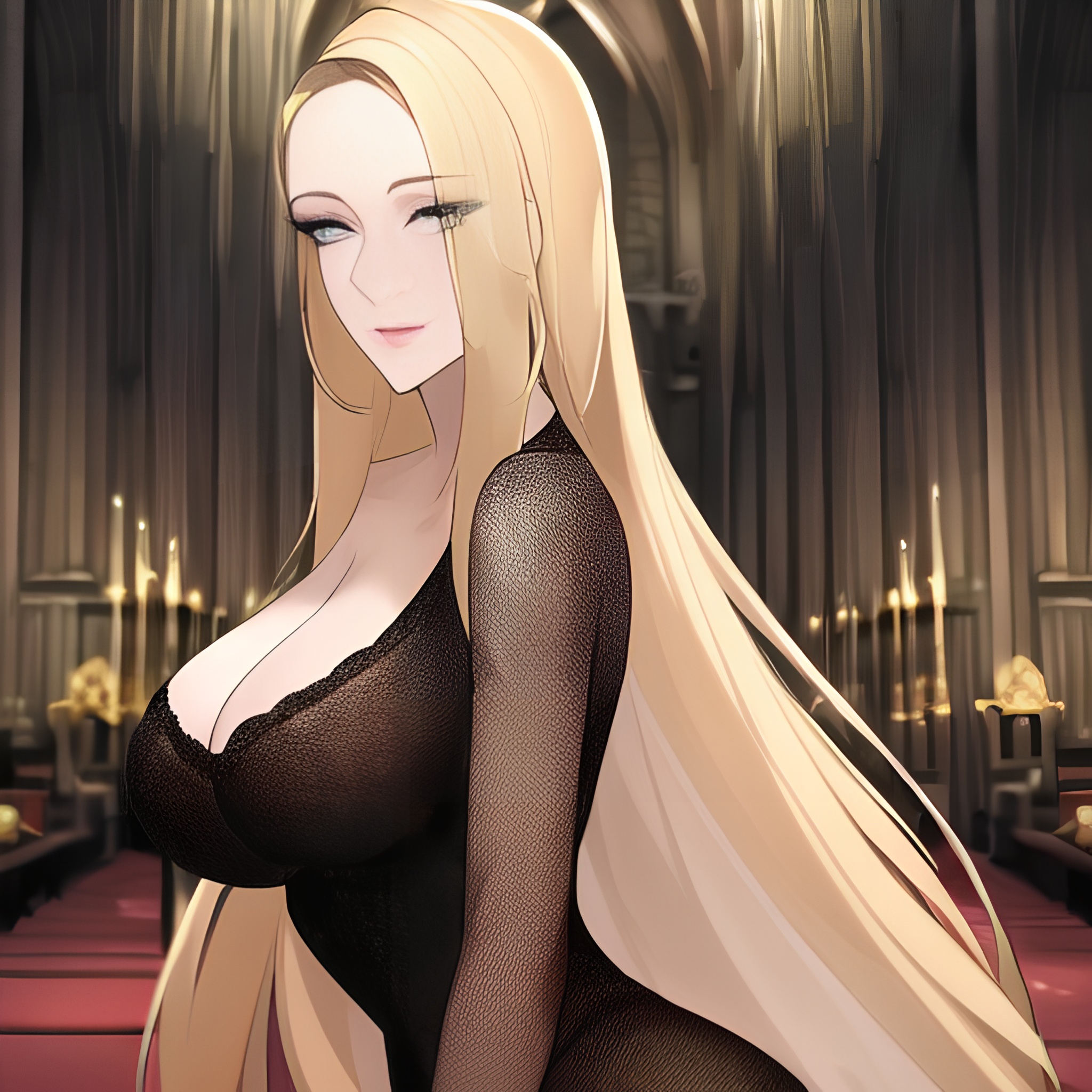 fishnet small boobs long hair blonde church front view nude woman 