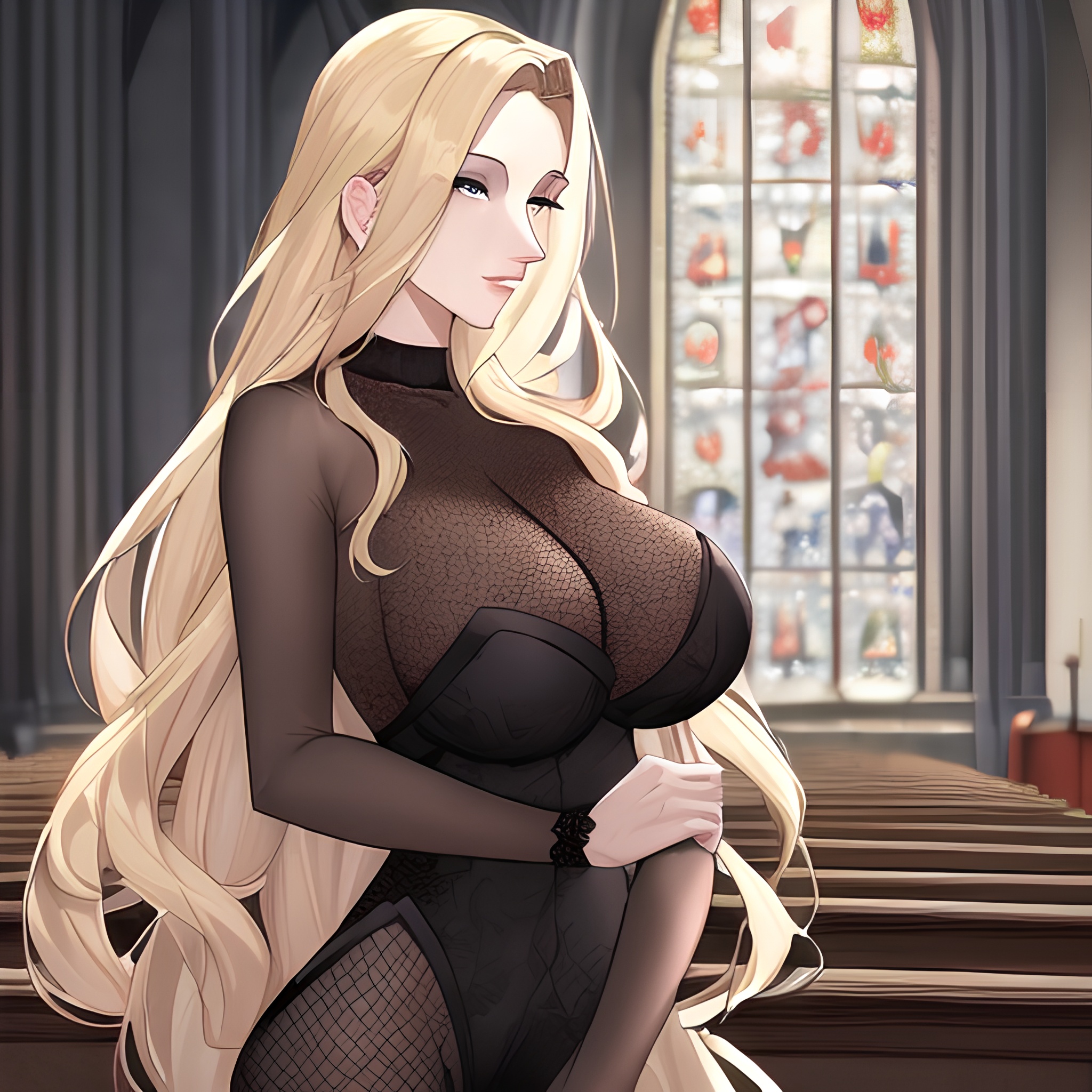 fishnet small boobs long hair church front view blonde nude woman 