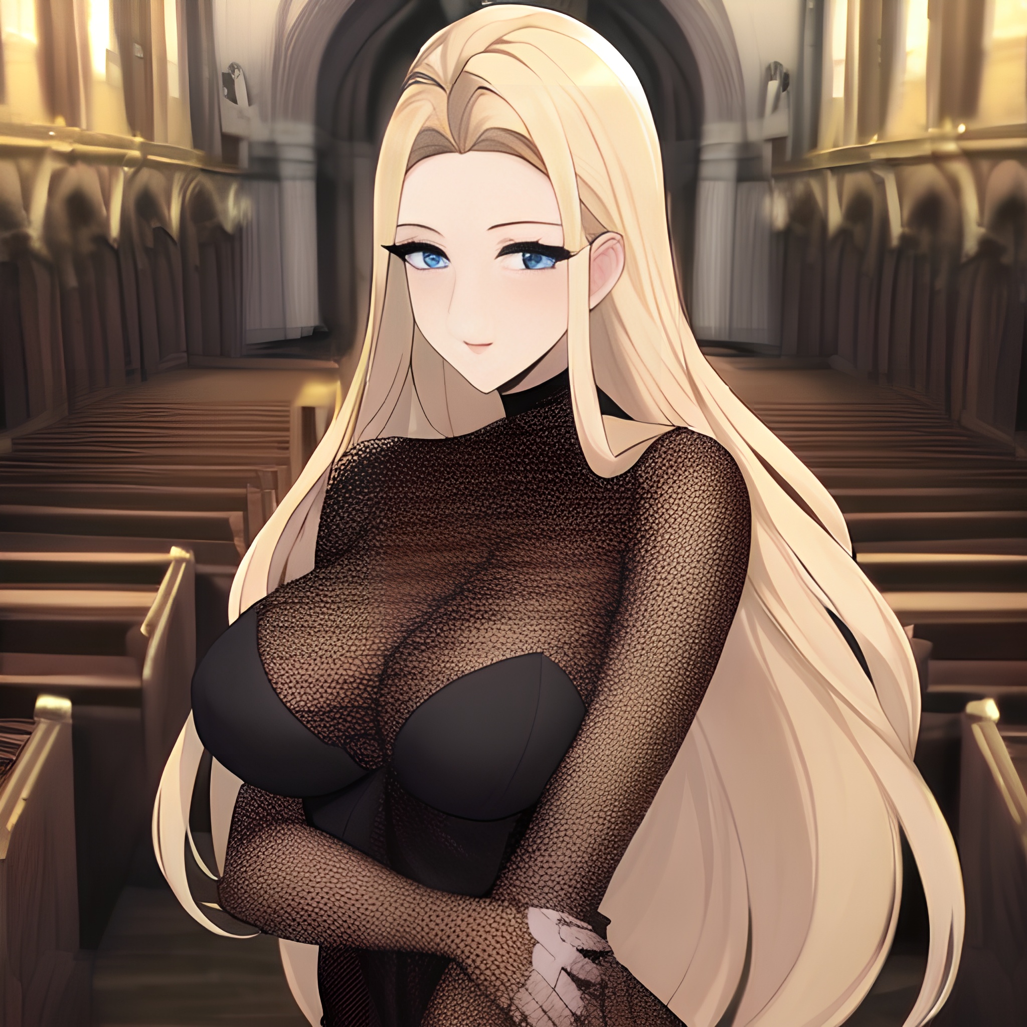 fishnet small boobs long hair church woman blonde nude front view 