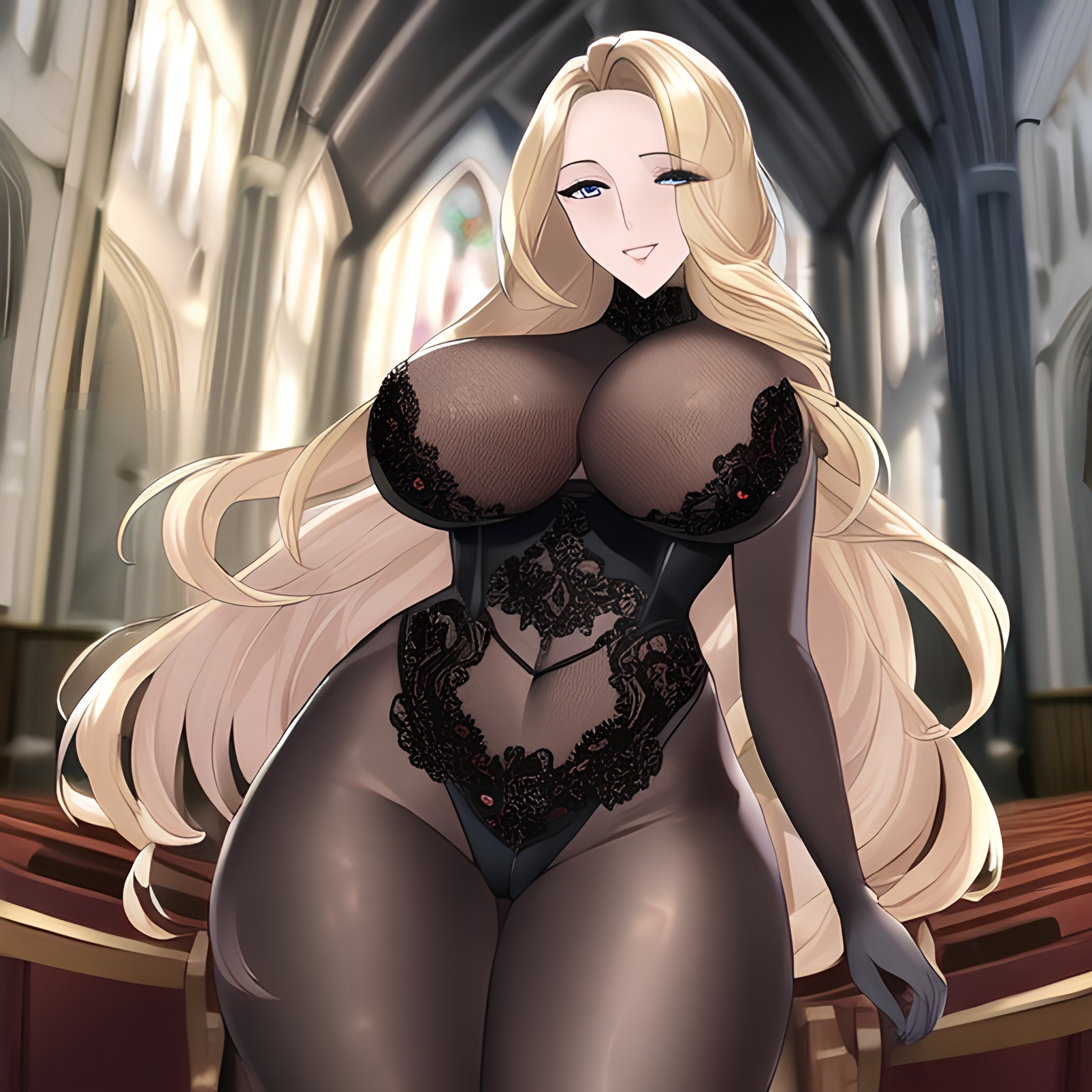 fishnet small boobs nude blonde long hair church front view woman 