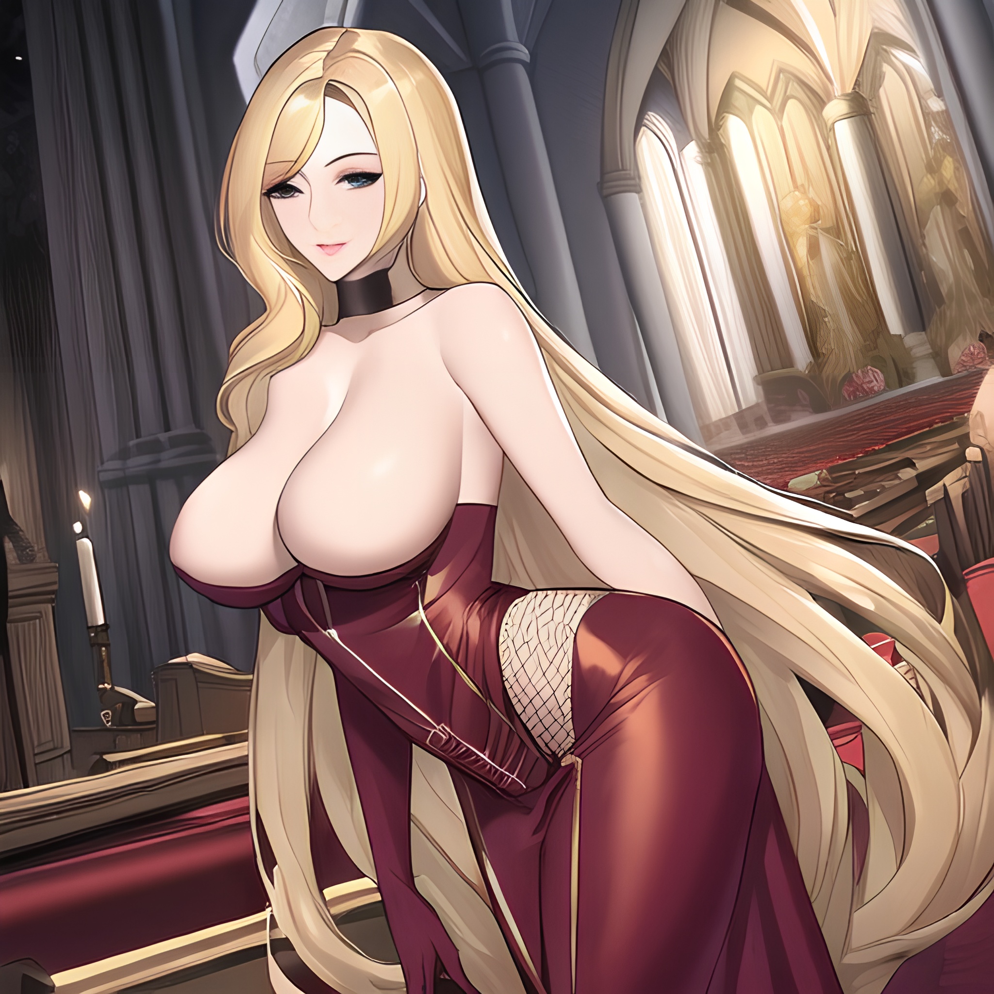 fishnet small boobs nude blonde woman long hair church front view