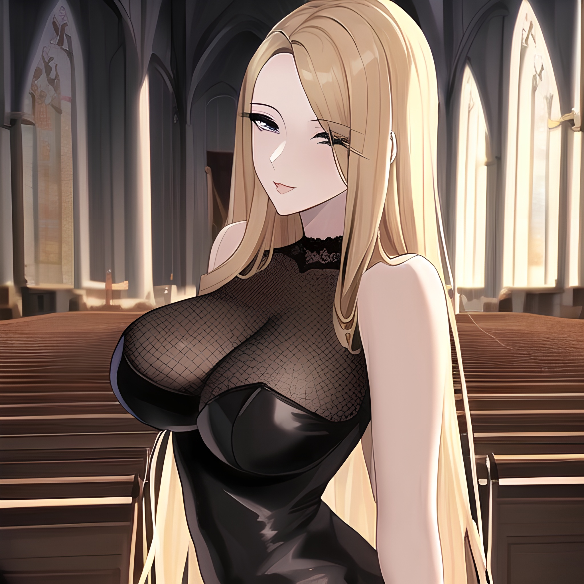 fishnet small boobs nude woman blonde church long hair front view 