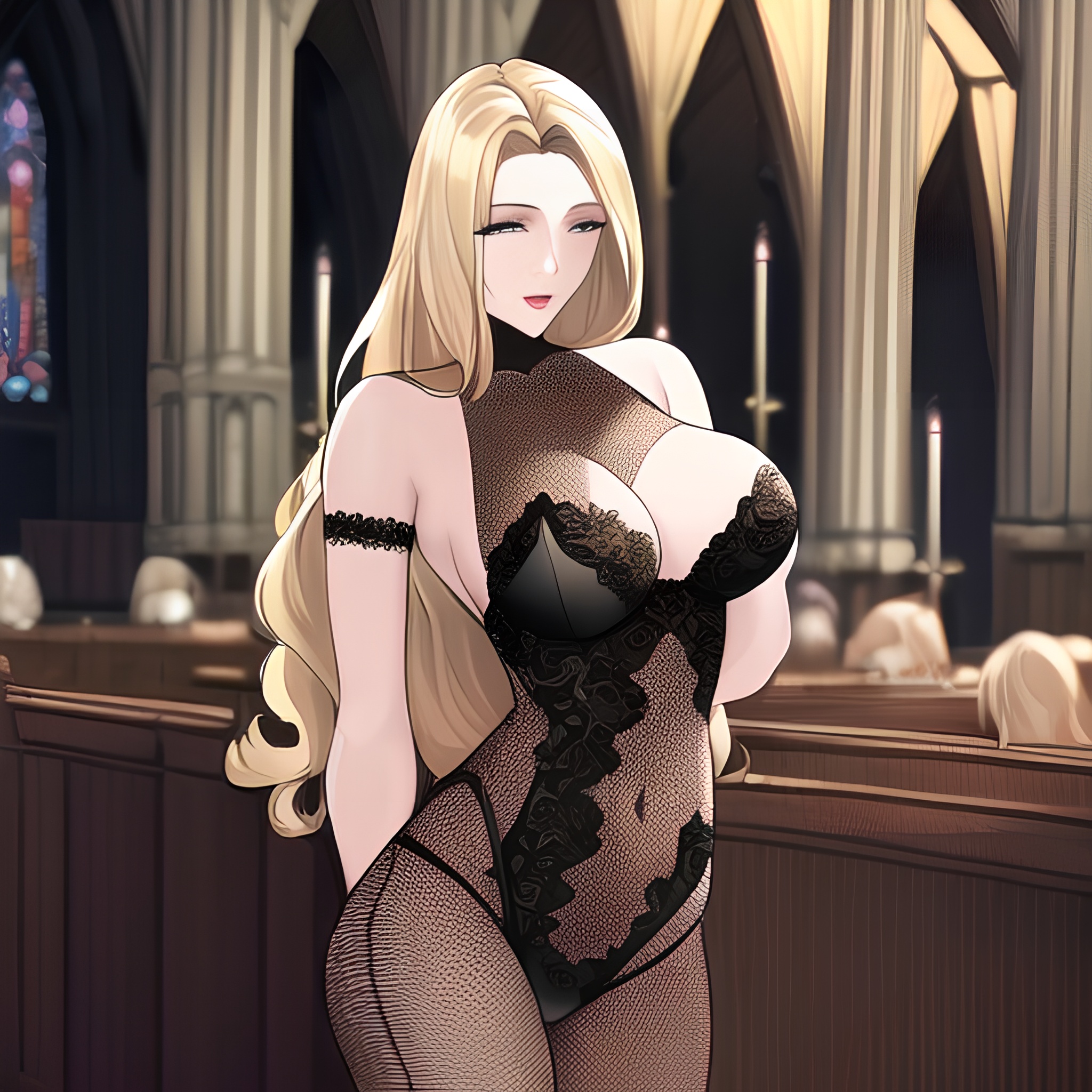 fishnet small boobs nude woman long hair church blonde front view 