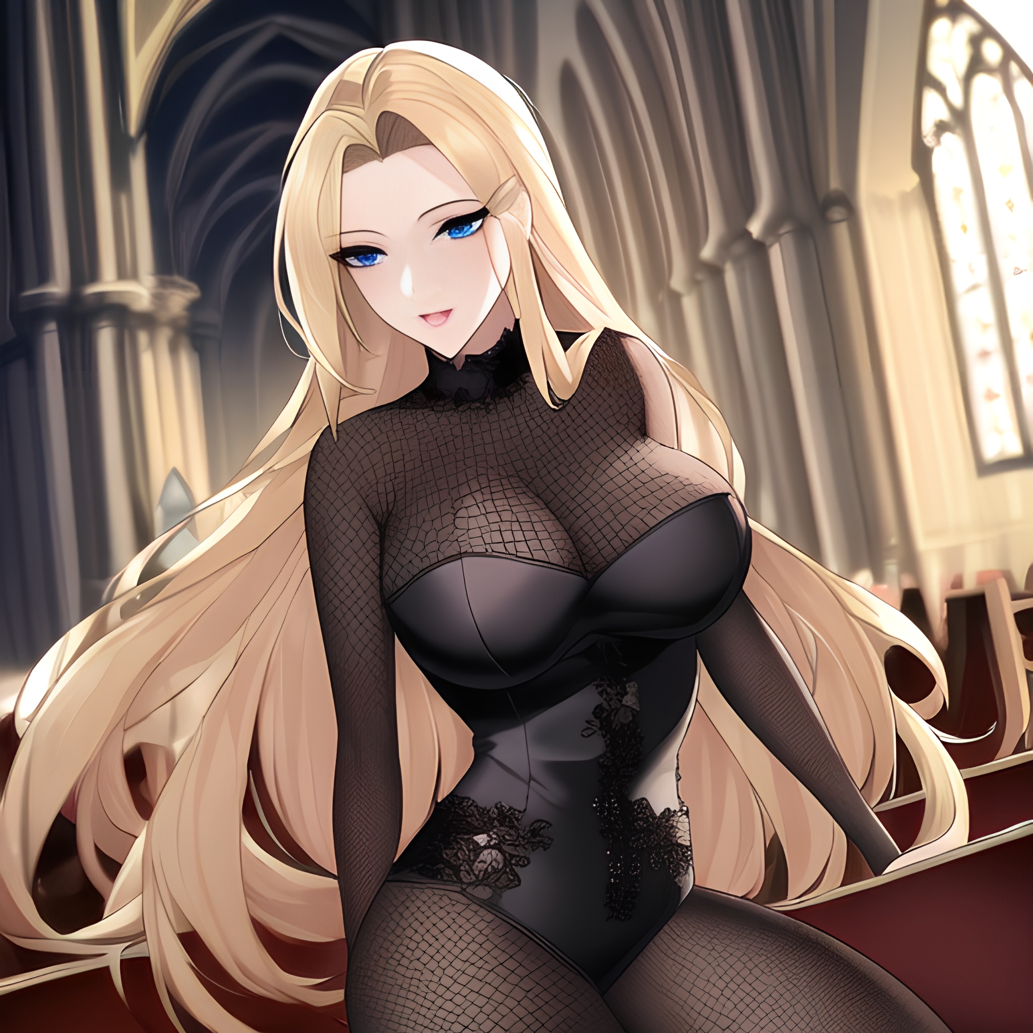 fishnet small boobs woman long hair church nude front view blonde 