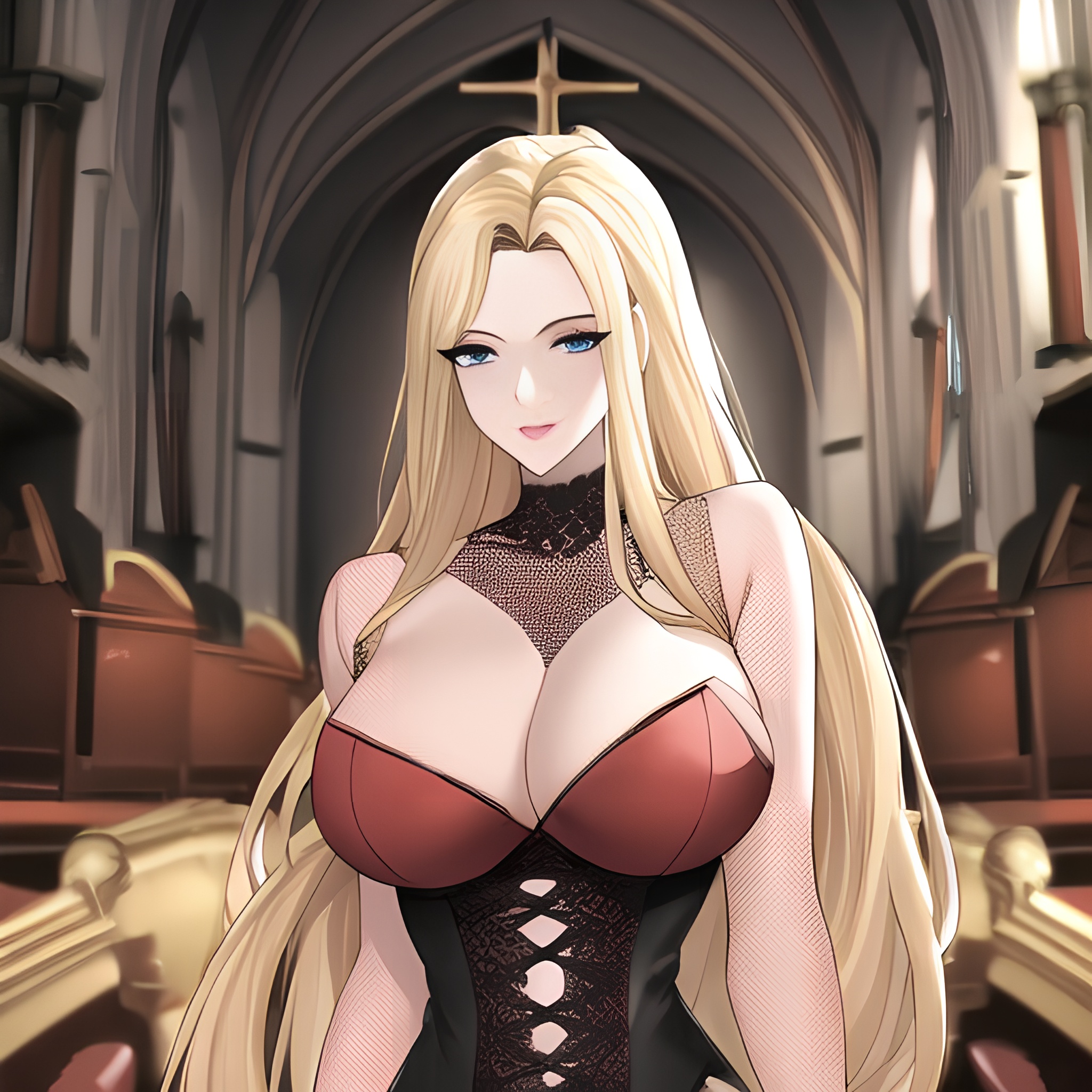 fishnet woman blonde church small boobs long hair nude front view 