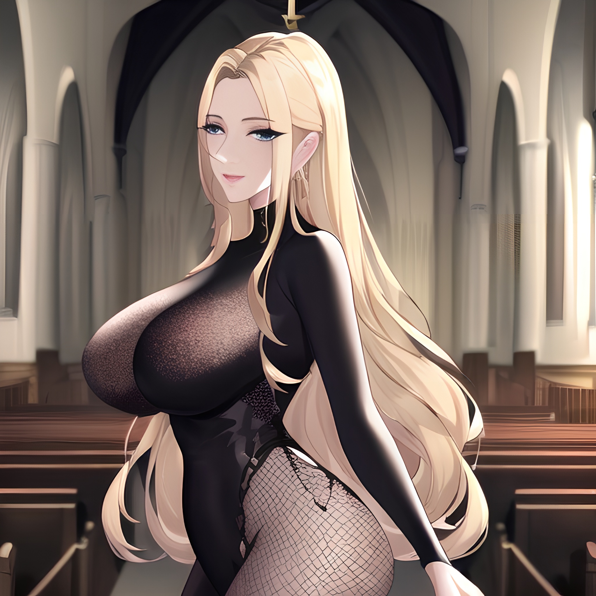 fishnet woman front view blonde nude long hair church small boobs 