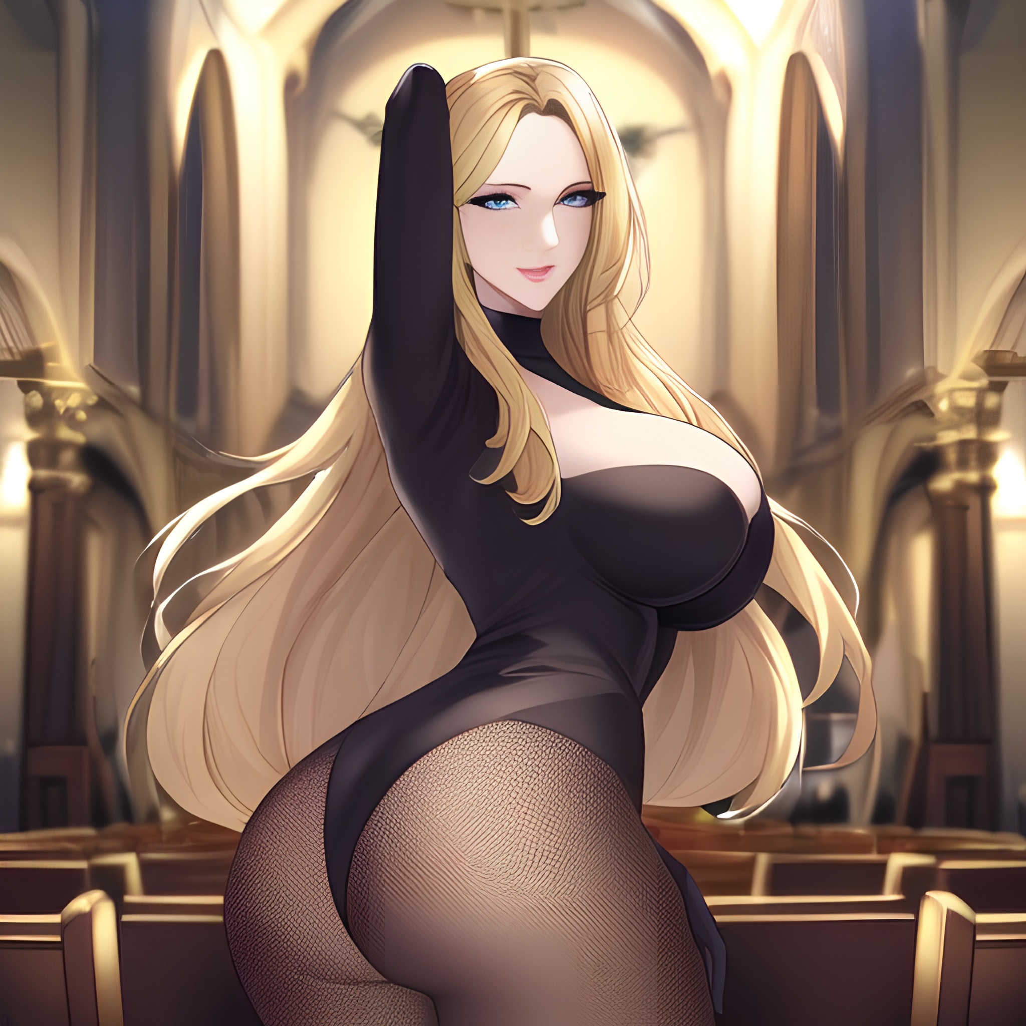 fishnet woman front view nude church long hair blonde small boobs