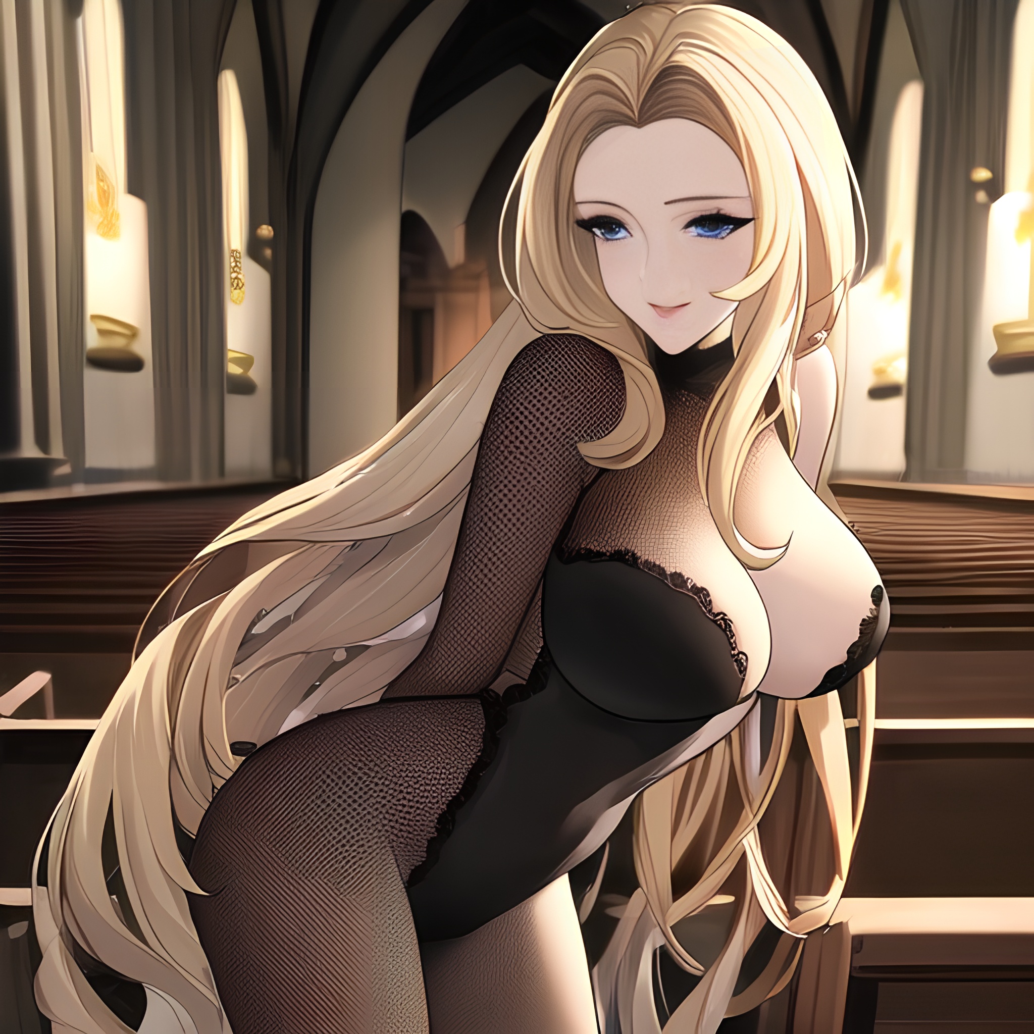 fishnet woman front view nude small boobs long hair blonde church 