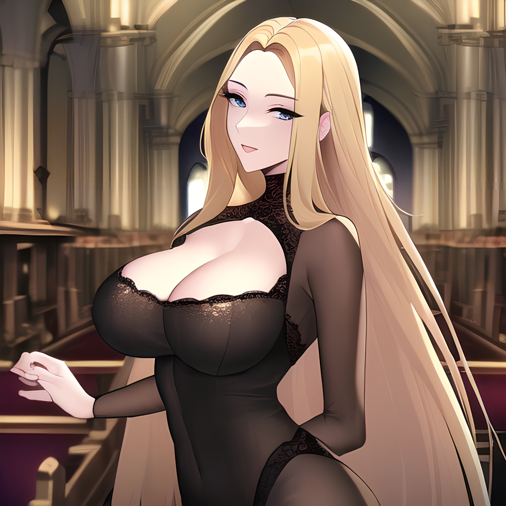 fishnet woman long hair blonde front view nude church small boobs 