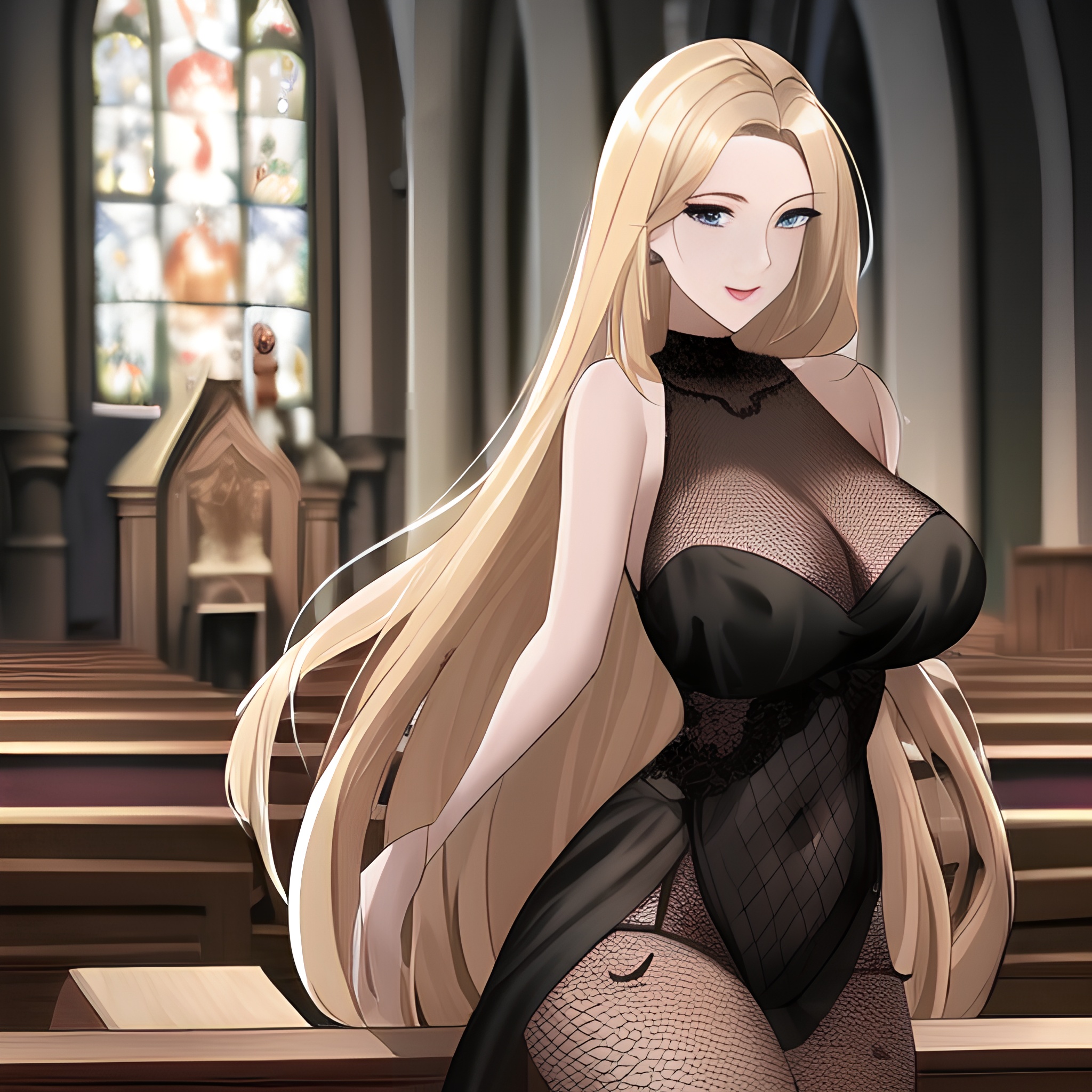 fishnet woman long hair small boobs church front view nude blonde 