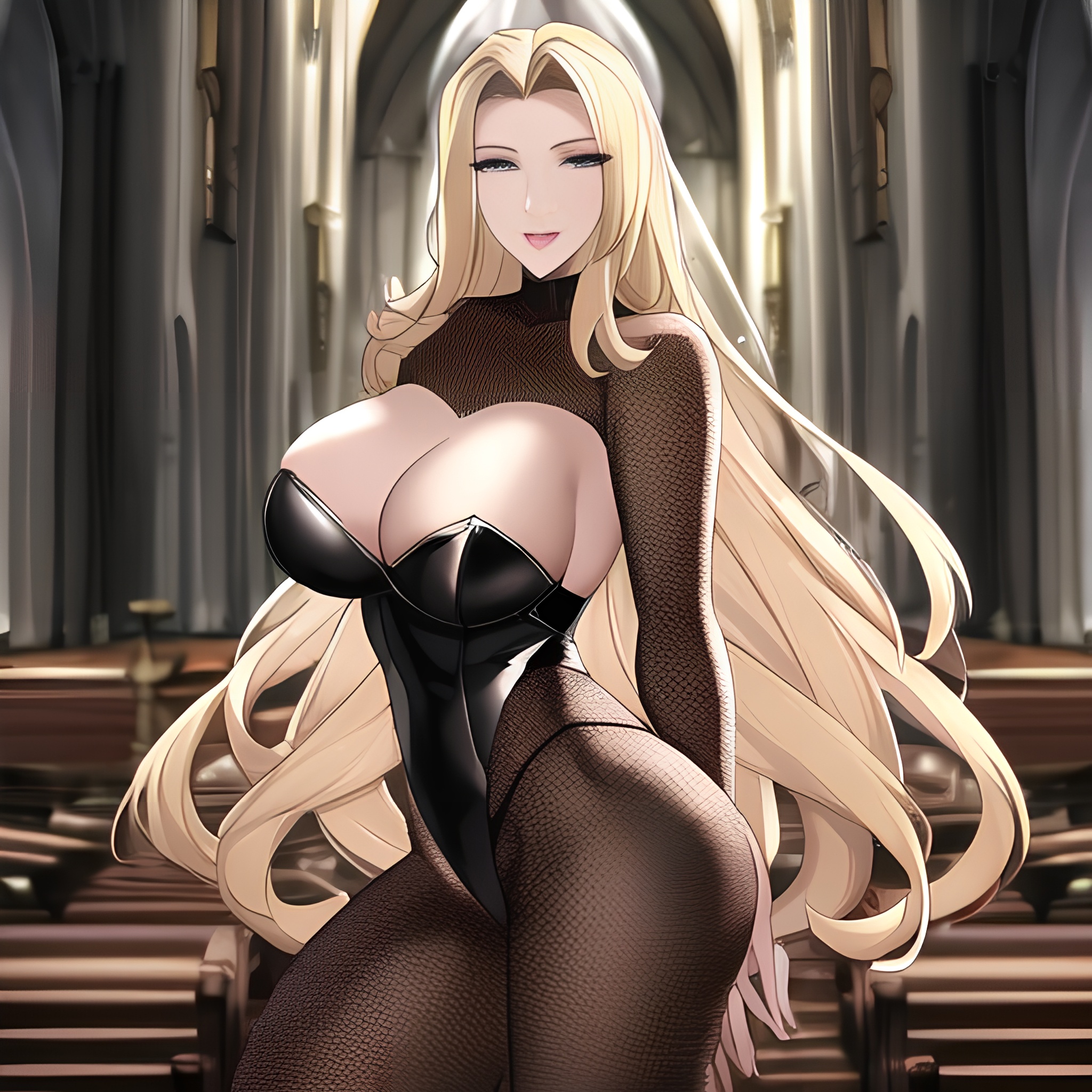 fishnet woman nude blonde long hair small boobs church front view 