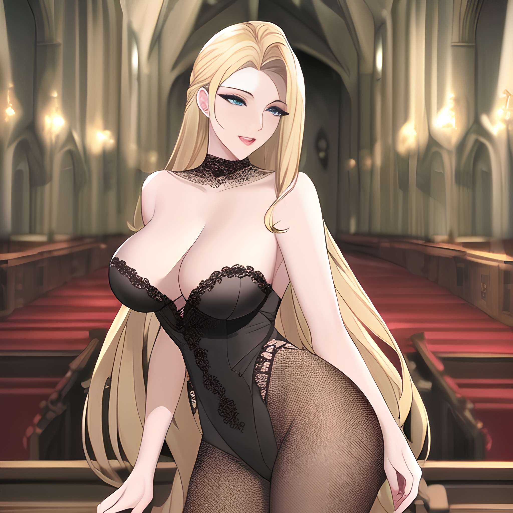 fishnet woman nude church front view small boobs long hair blonde