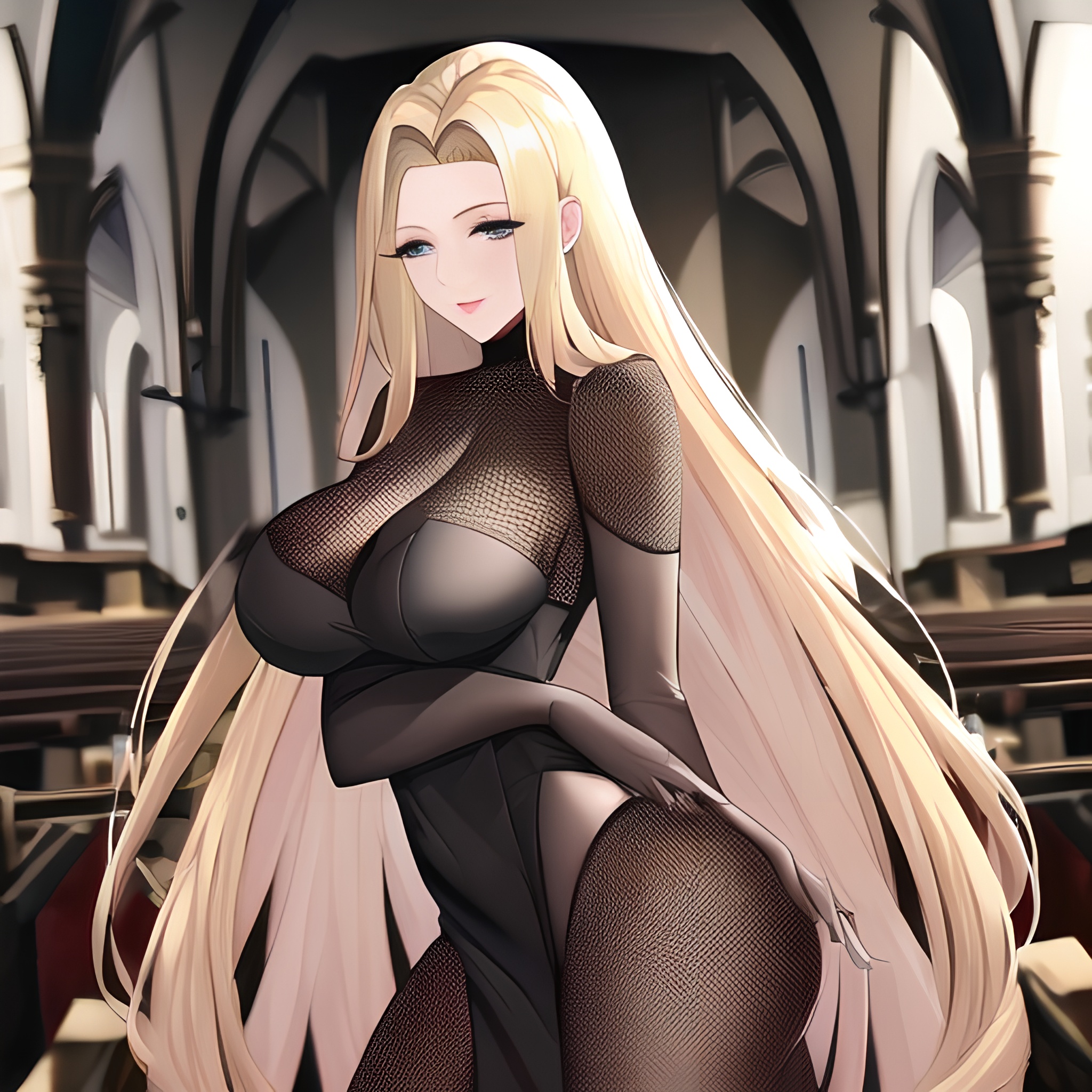 fishnet woman nude long hair blonde front view church small boobs 