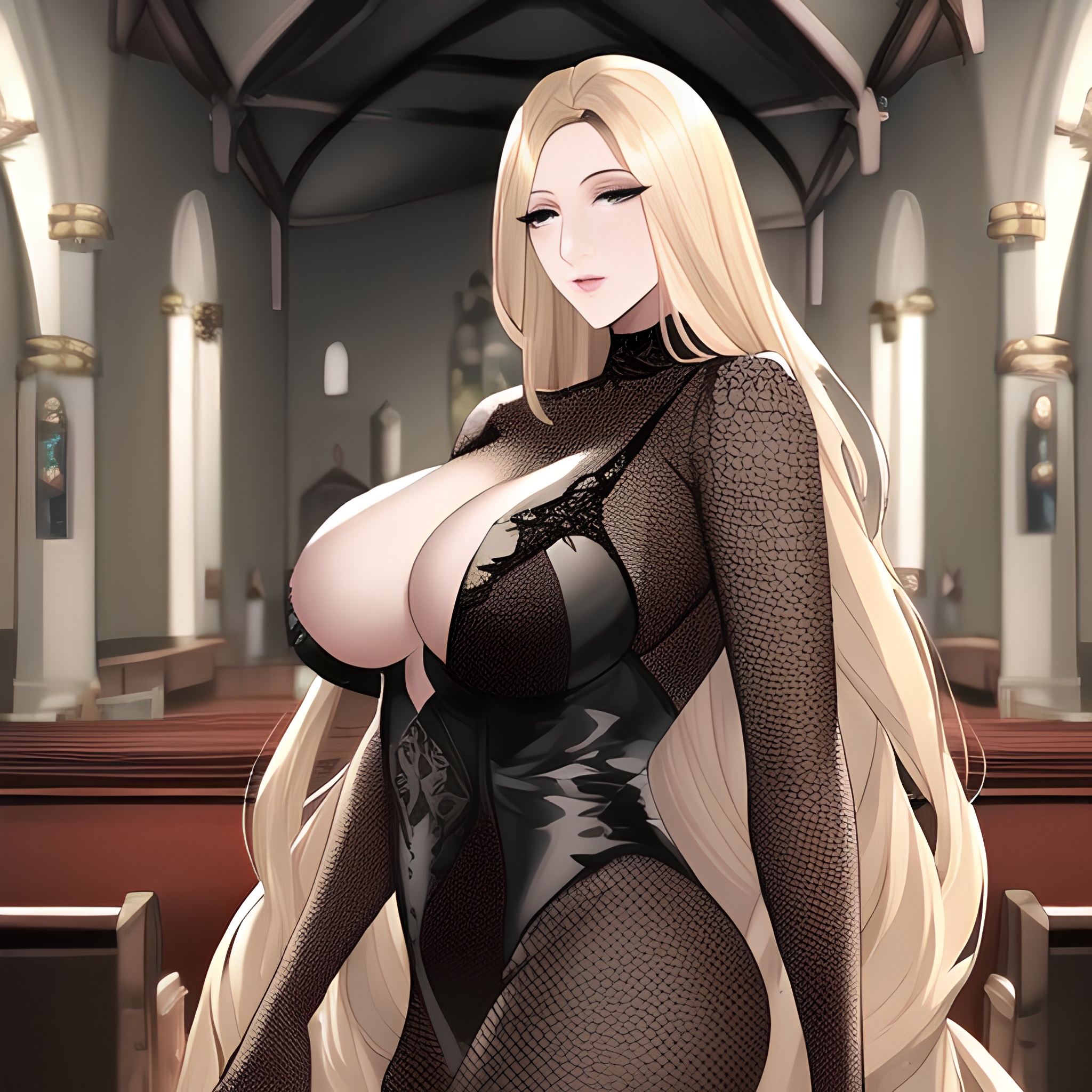fishnet woman nude long hair small boobs blonde church front view 