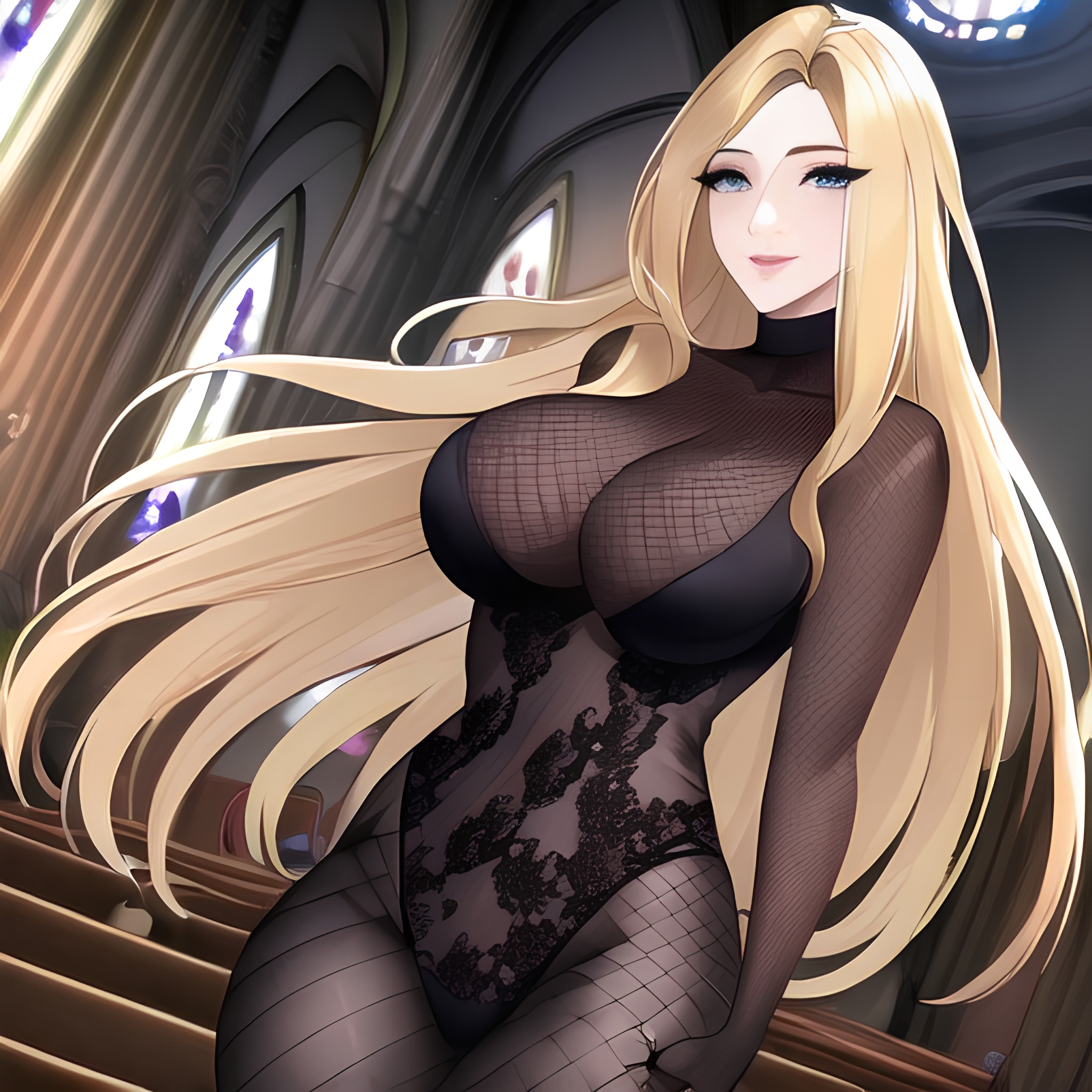 fishnet woman nude small boobs blonde church front view long hair