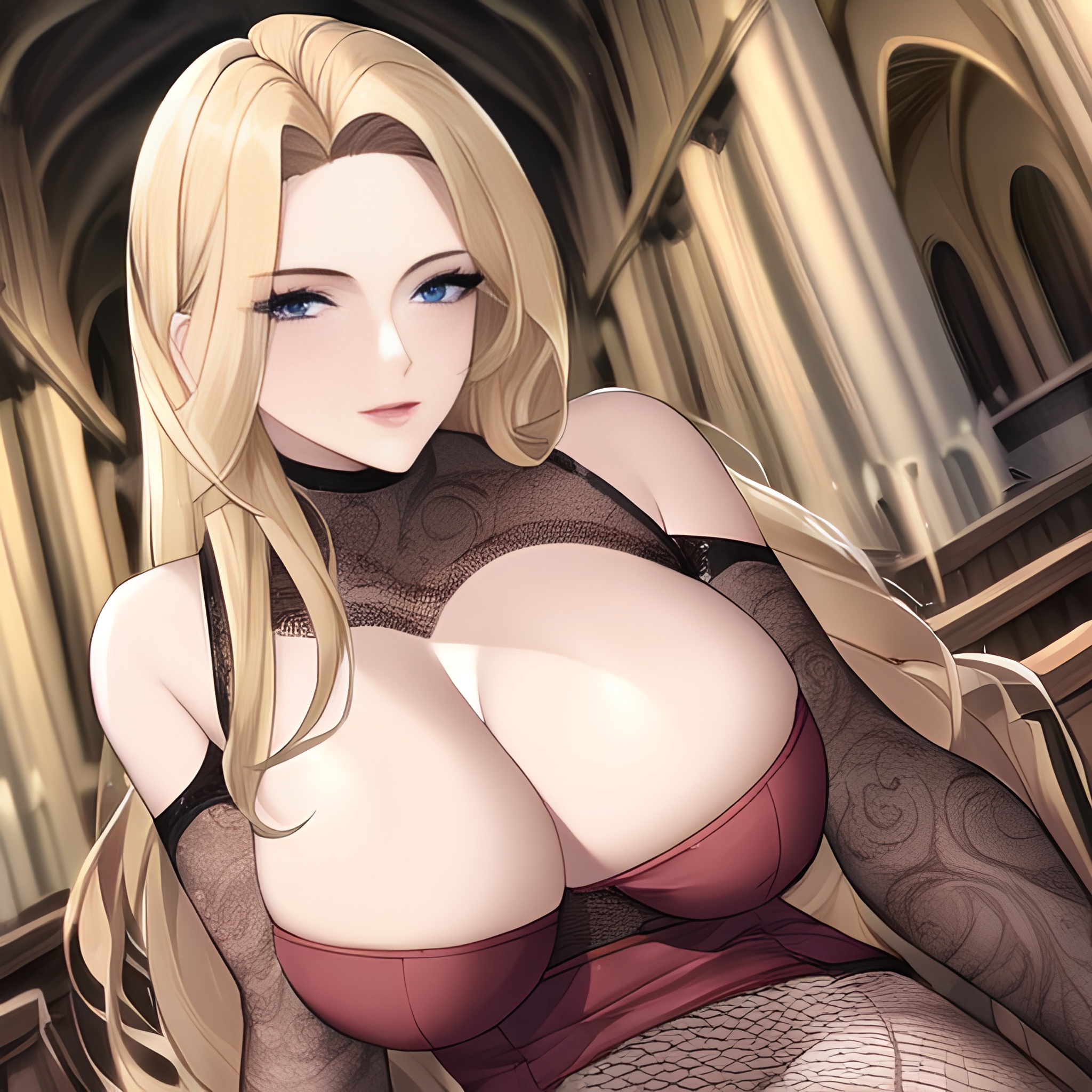 fishnet woman small boobs long hair nude church blonde front view 