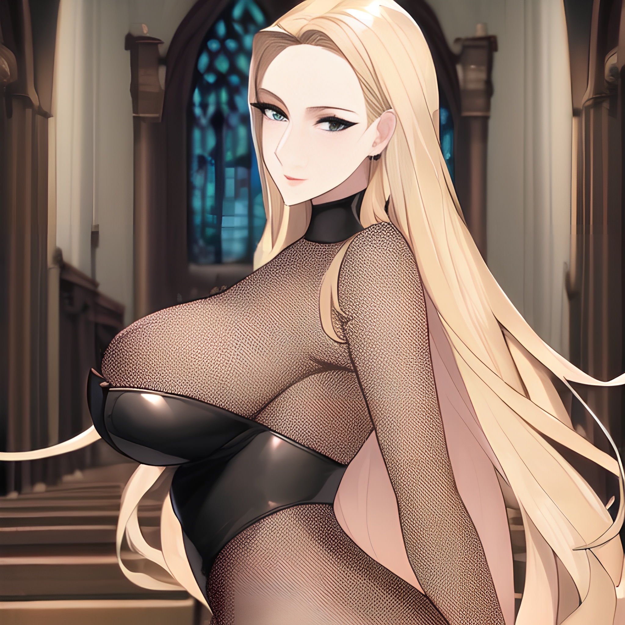 front view blonde fishnet church woman nude small boobs long hair 