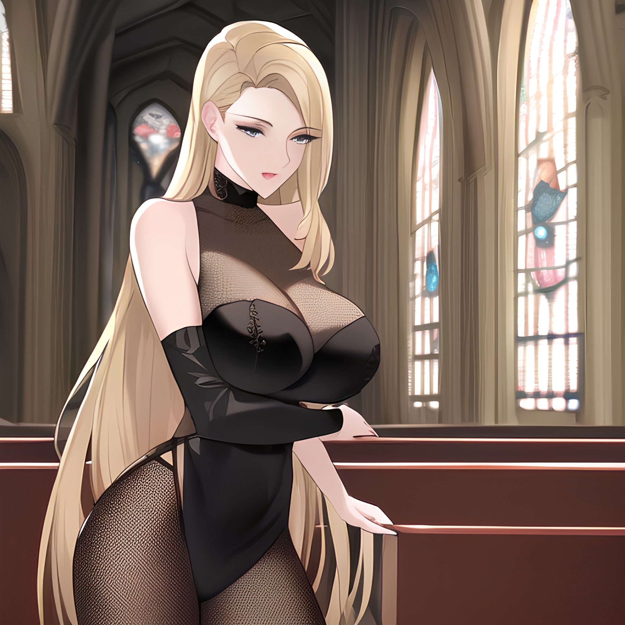 front view blonde fishnet woman church small boobs nude long hair 