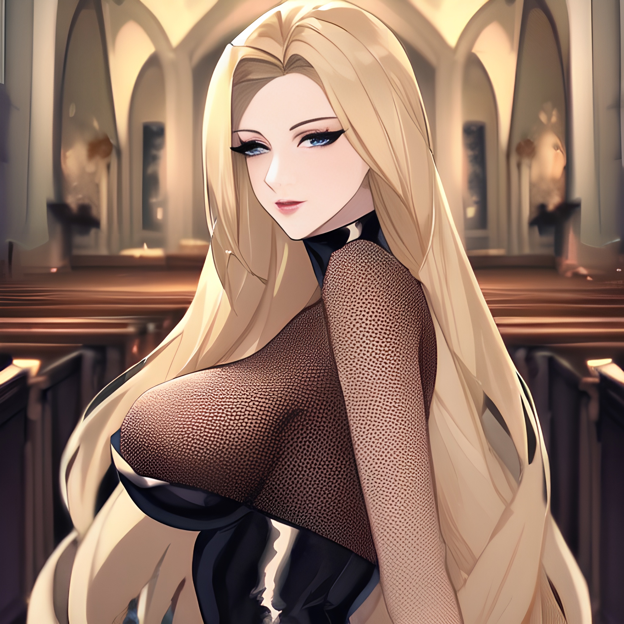 front view blonde long hair small boobs church woman nude fishnet 