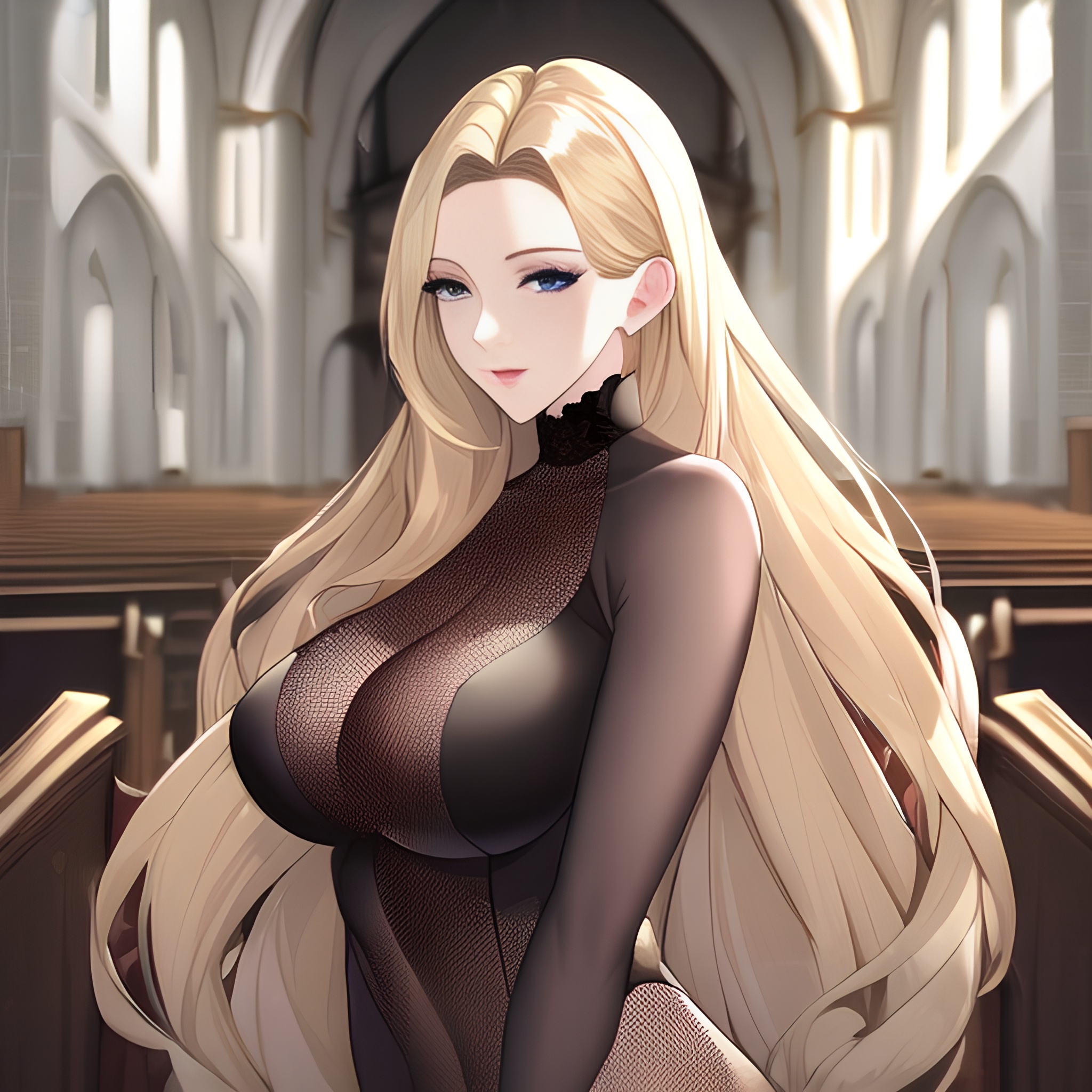 front view blonde long hair small boobs woman nude fishnet church 