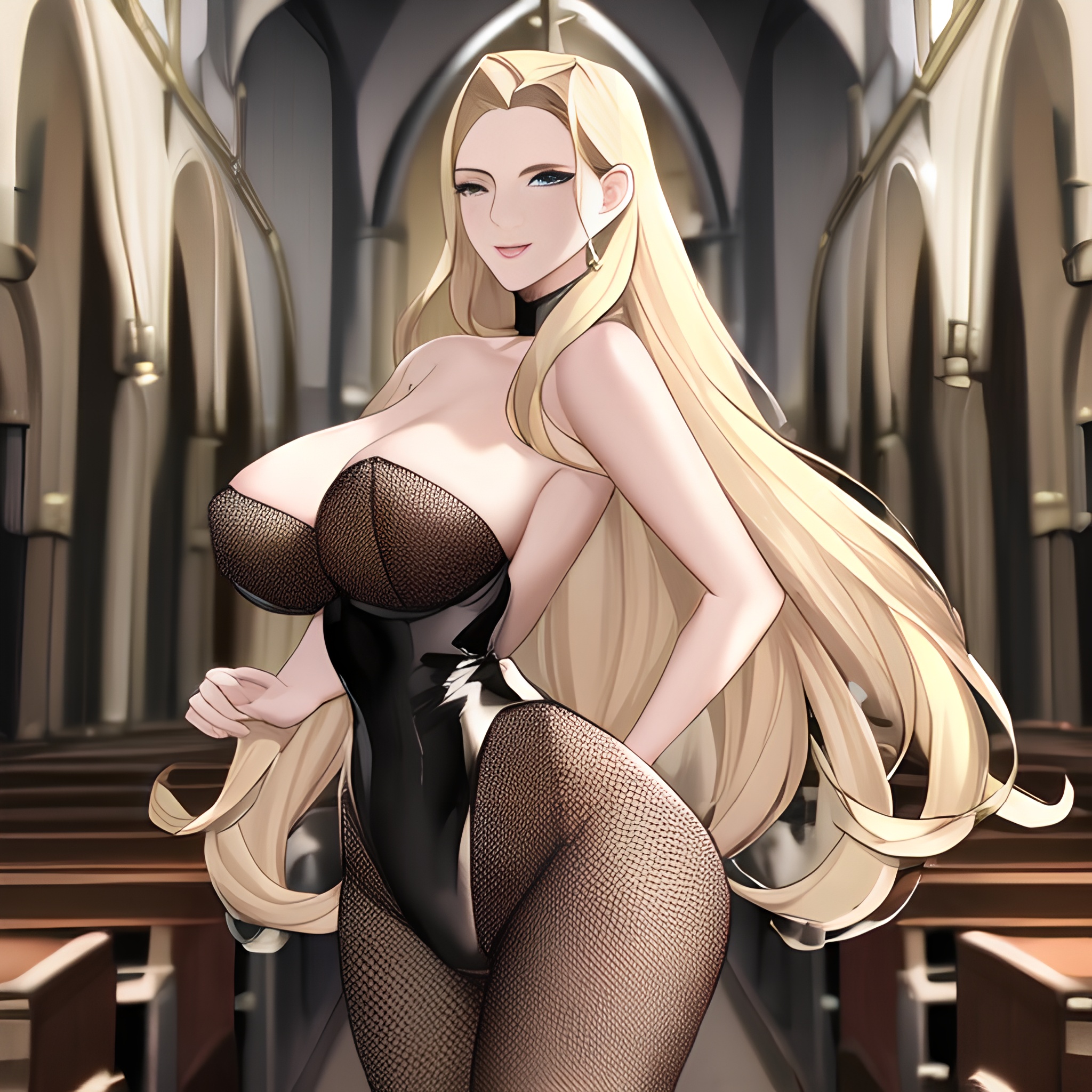 front view blonde nude long hair church small boobs fishnet woman 