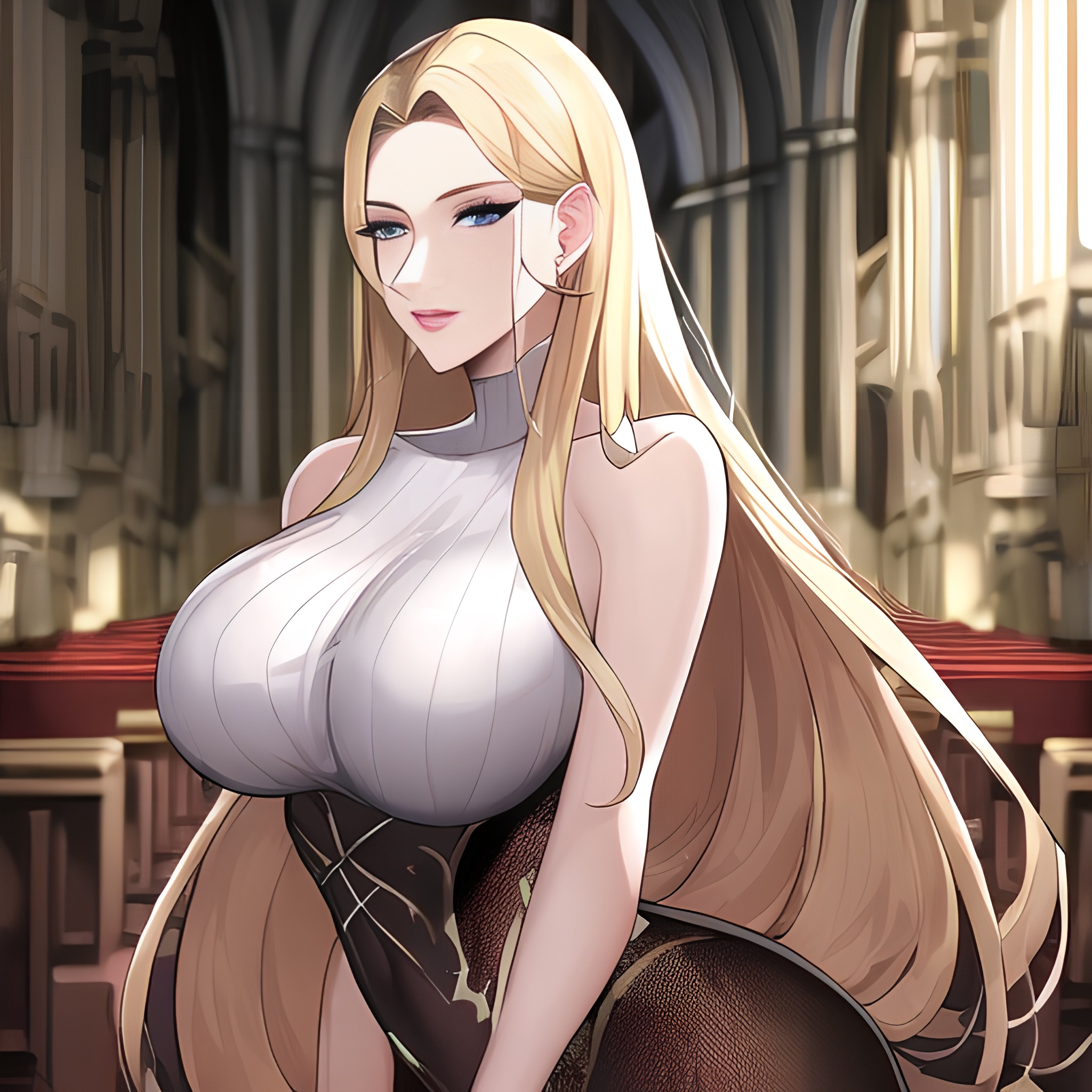 front view blonde nude long hair church small boobs fishnet woman