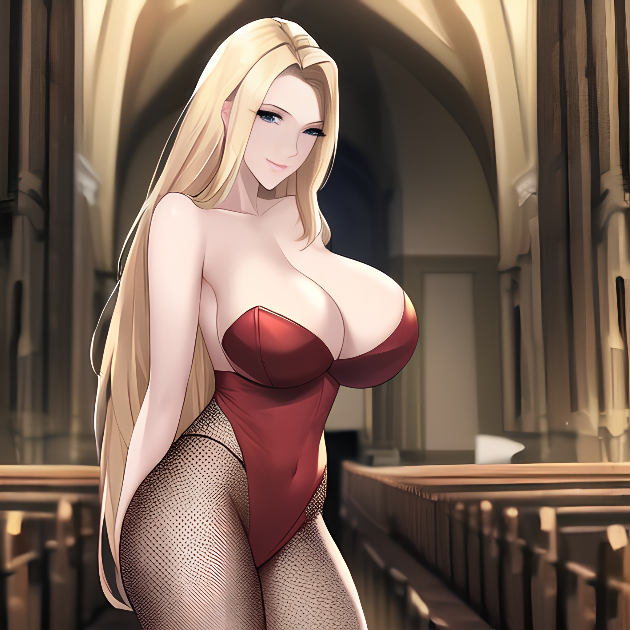 front view blonde small boobs church long hair nude woman fishnet 