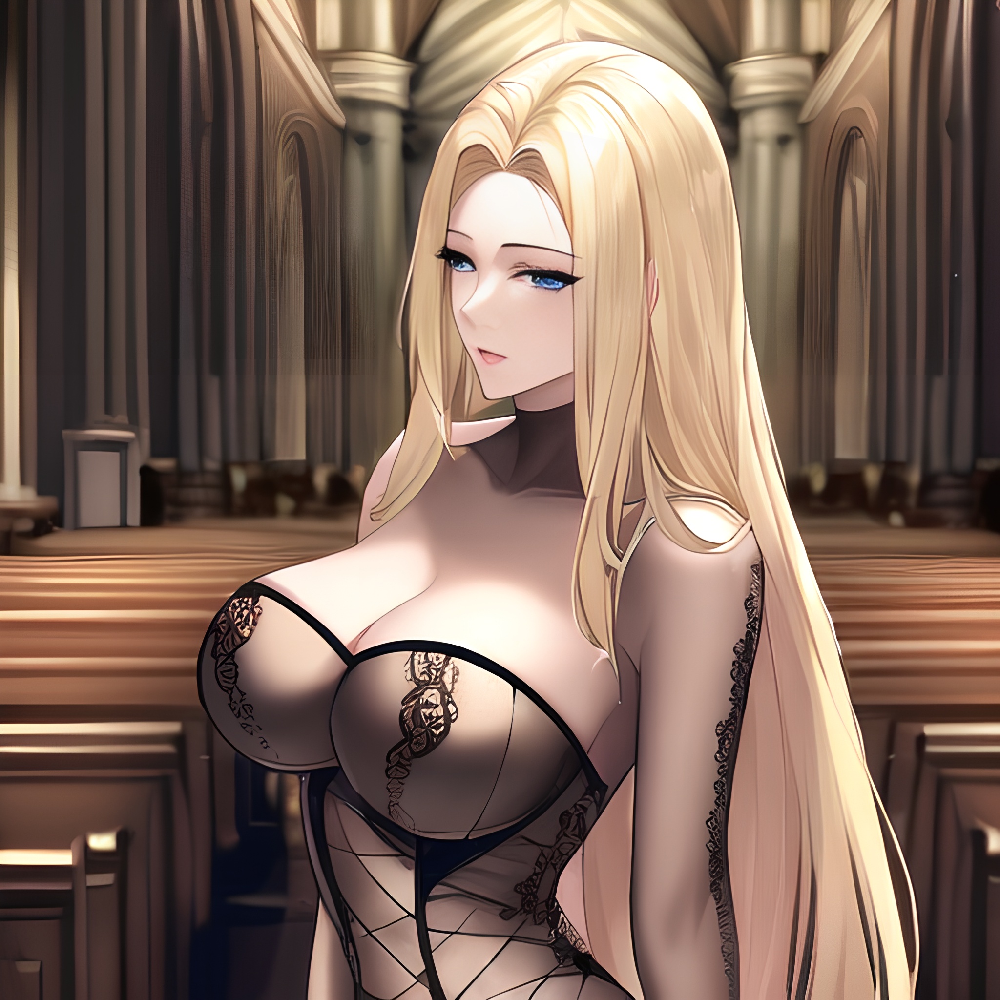 front view blonde small boobs long hair woman fishnet church nude 