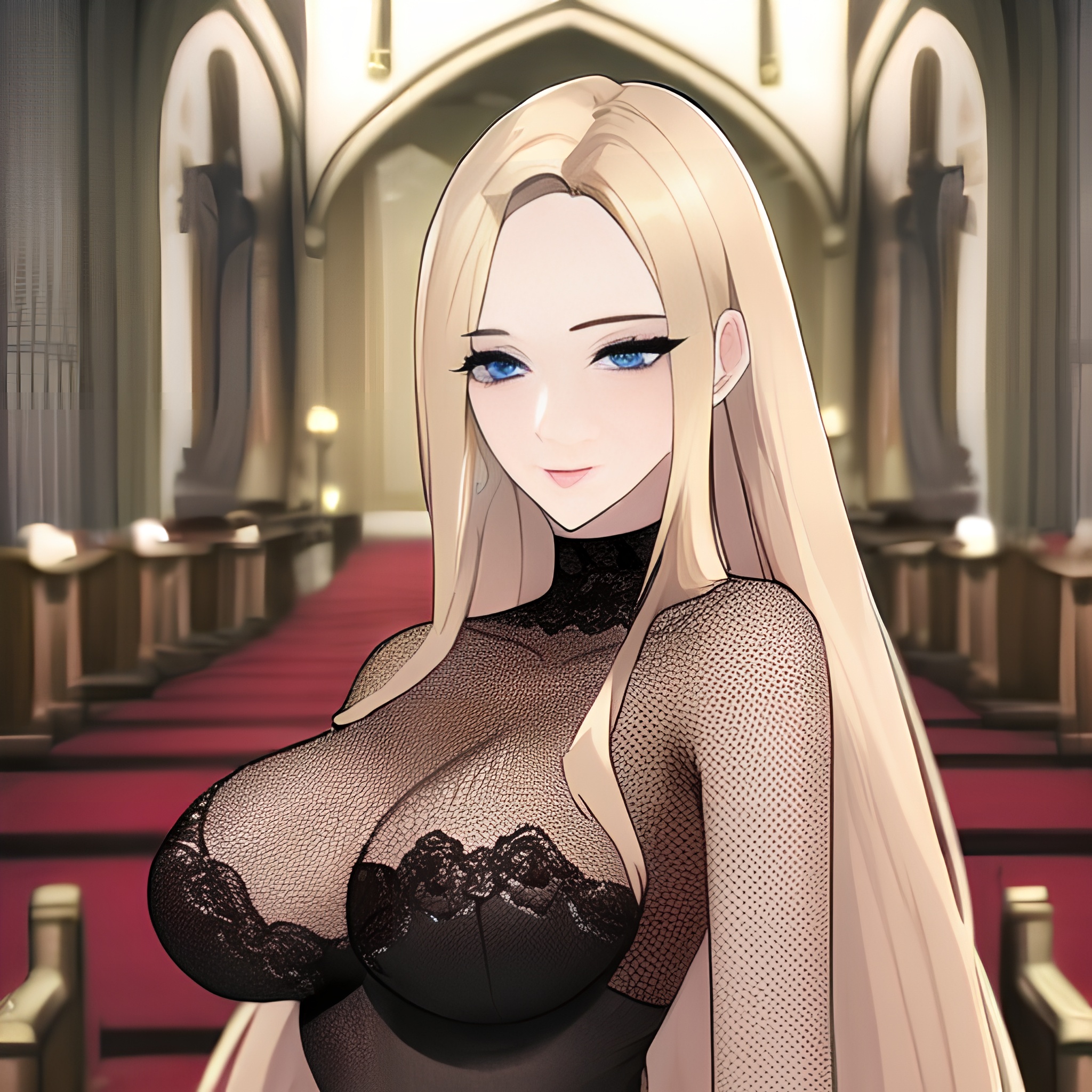 front view church blonde long hair nude woman small boobs fishnet 