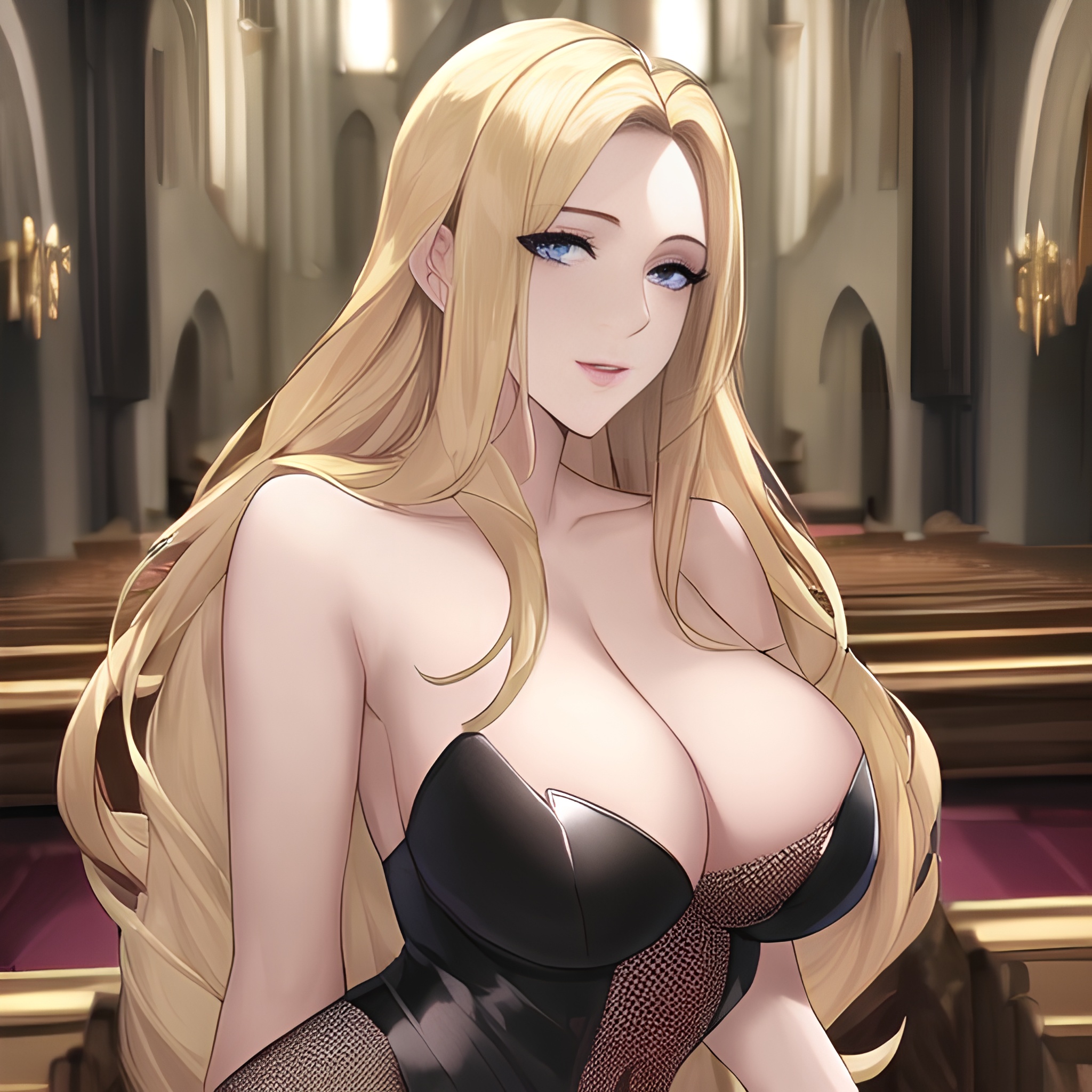 front view church blonde nude small boobs fishnet woman long hair 