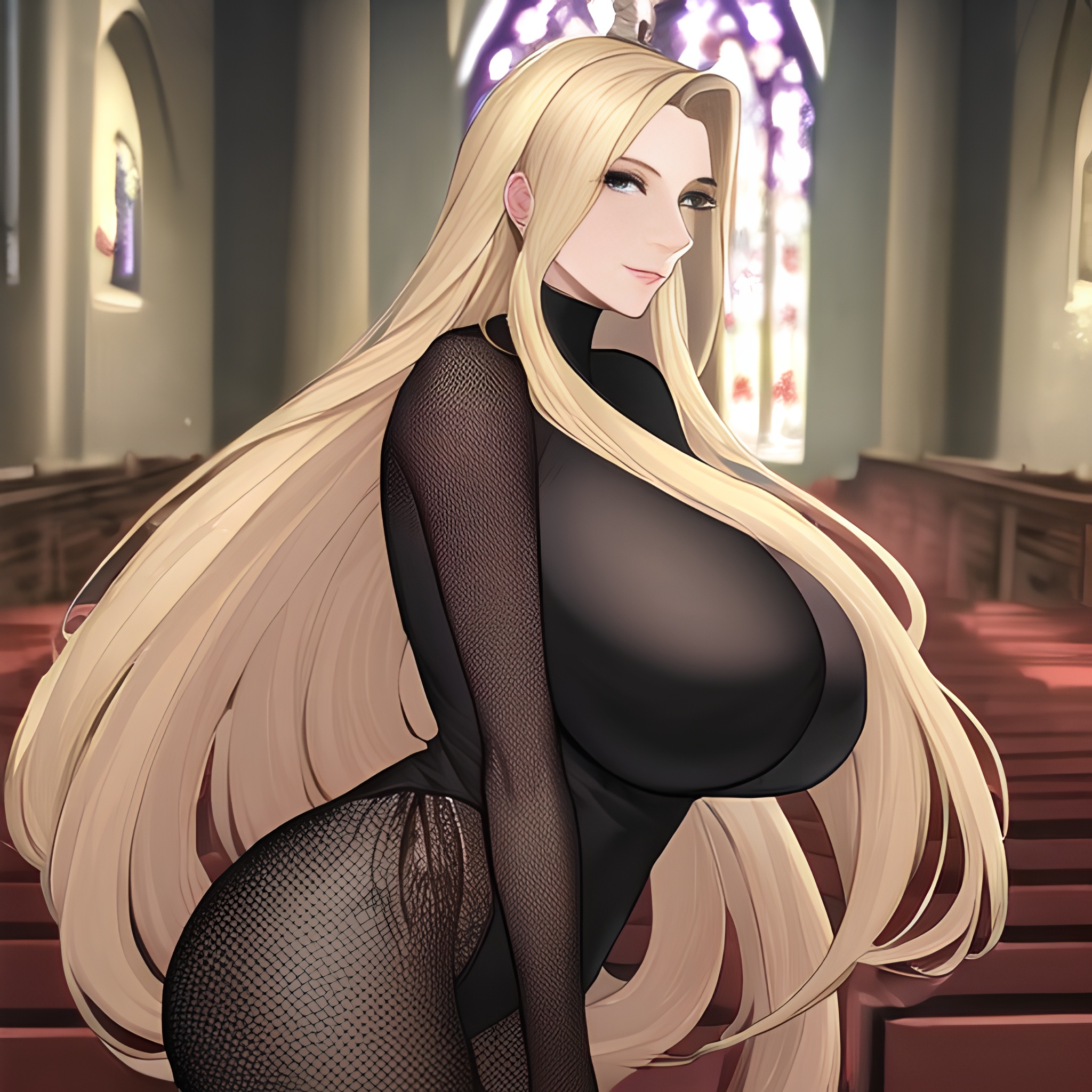 front view church blonde woman small boobs fishnet long hair nude 