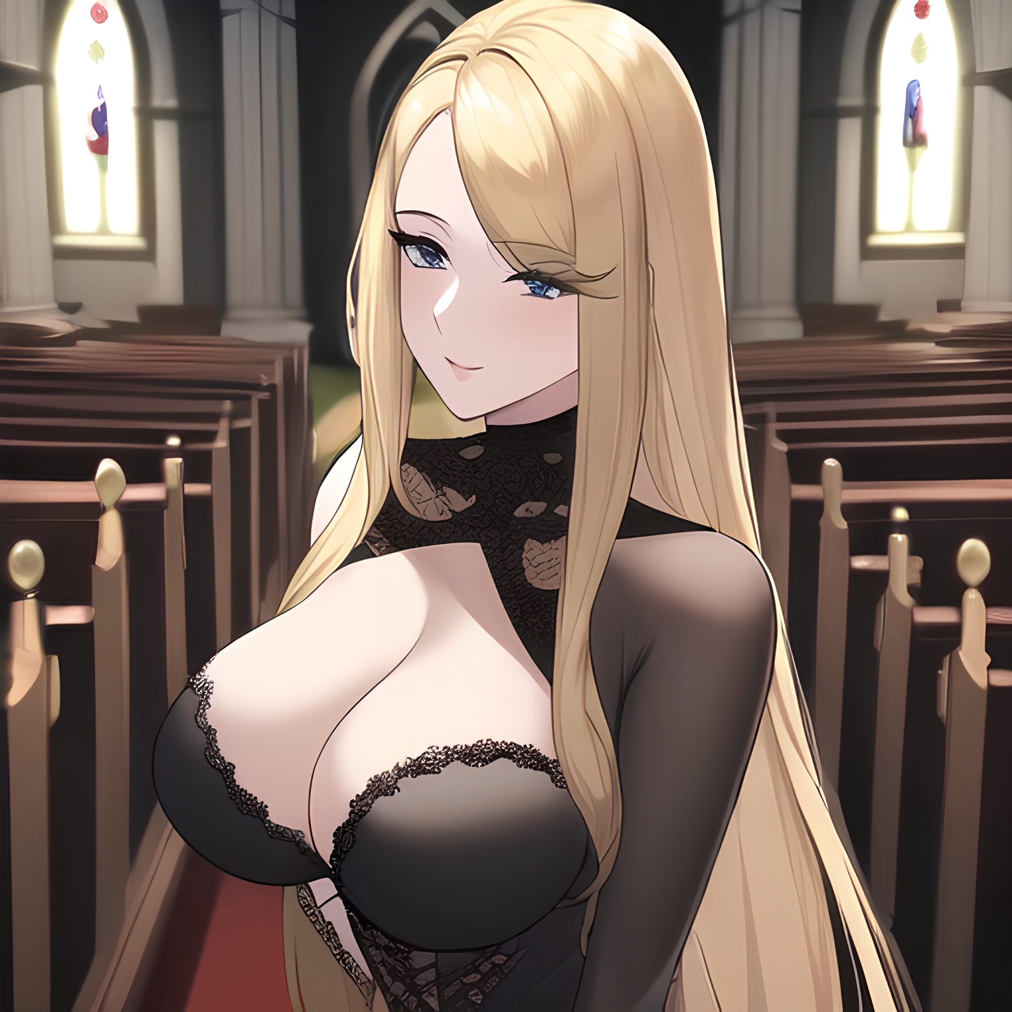 front view church long hair small boobs nude blonde woman fishnet 
