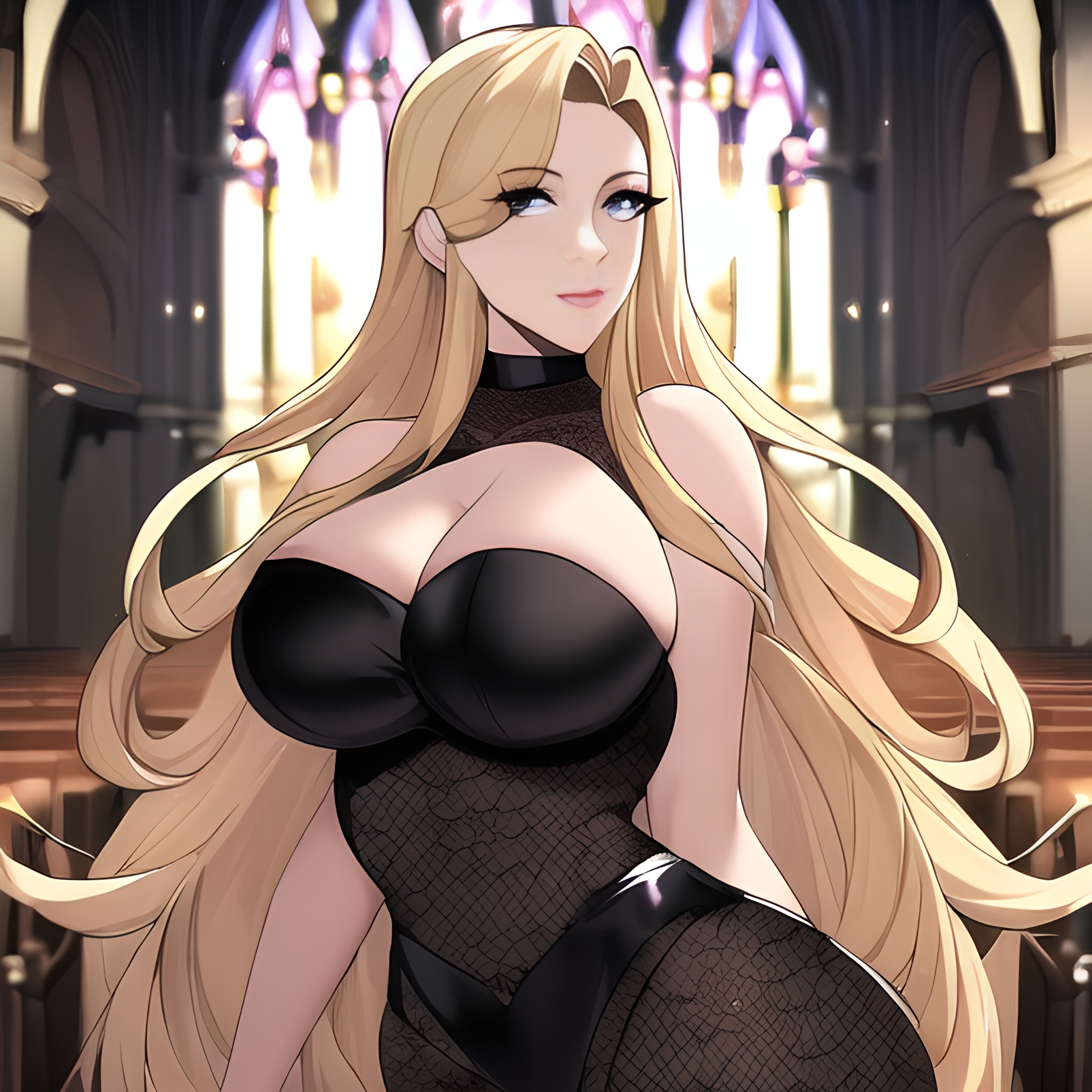front view church small boobs woman long hair nude blonde fishnet 