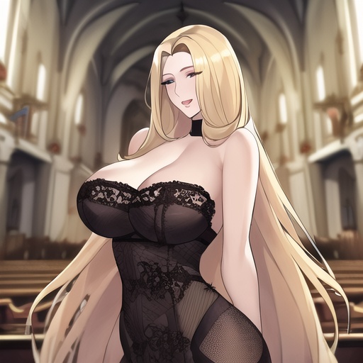 front view fishnet blonde church long hair woman small boobs nude