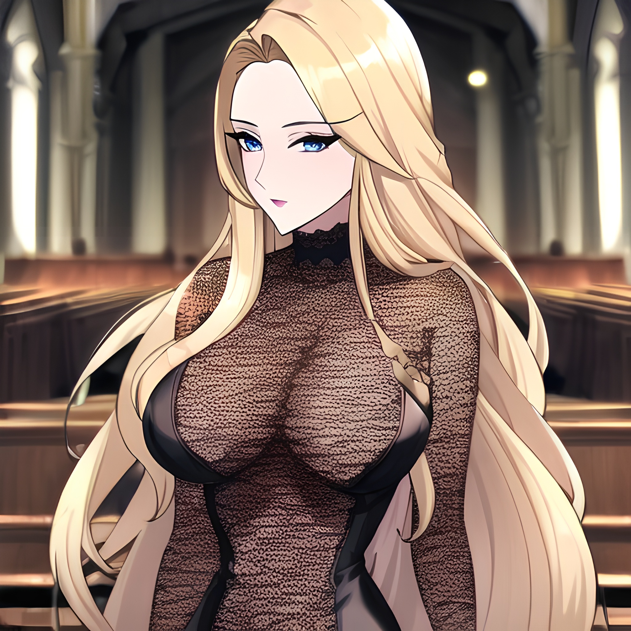 front view fishnet blonde small boobs nude long hair church woman